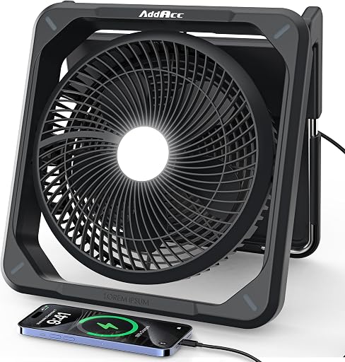 11.5 inch Portable Solar Powered Fan, Battery Powered Camping Fan, Solar Charger, Timer & Lantern, Battery Operated Travel Fan for Sleeping Outdoor Tent Car Beach Hurricane Essentials Accessories