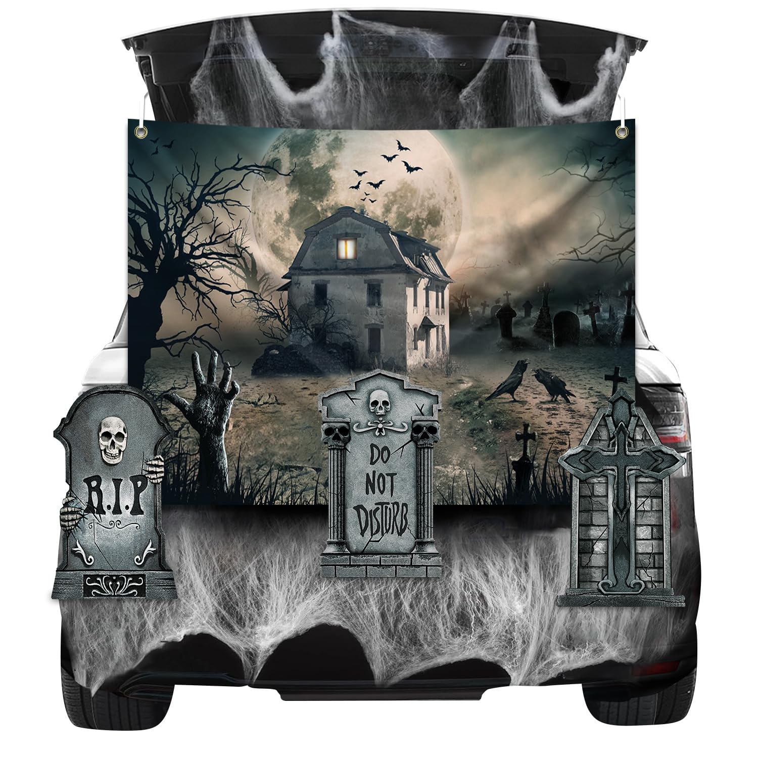 MGahyi Dekoracja garażu na Halloween z nagrobkami, pajęczyna do drzwi garażowych, łuku, samochodu, na zewnątrz, do bagażnika lub jako upominek (styl nagrobków)