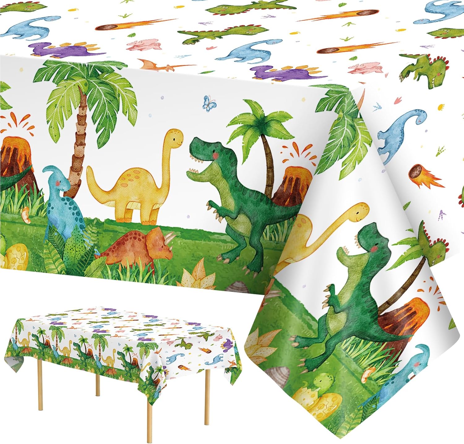 2 Pcs Dinosuar Tablecloth - Plastic Jungle Animal Dino Party Table Cover, Green Disposable Rectangle Dino Themed Table Cloth for Dinosaur Birthday Decorations Party Supplies Tables Decor, 108x54 Inch