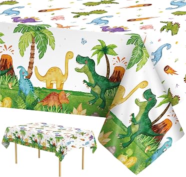 2 Pcs Dinosuar Tablecloth - Plastic Jungle Animal Dino Party Table Cover, Green Disposable Rectangle Dino Themed Table Cloth for Dinosaur Birthday Decorations Party Supplies Tables Decor, 108x54 Inch