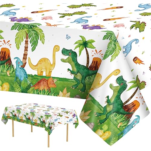 2 Pcs Dinosuar Tablecloth - Plastic Jungle Animal Dino Party Table Cover, Green Disposable Rectangle Dino Themed Table Cloth for Dinosaur Birthday Decorations Party Supplies Tables Decor, 108x54 Inch
