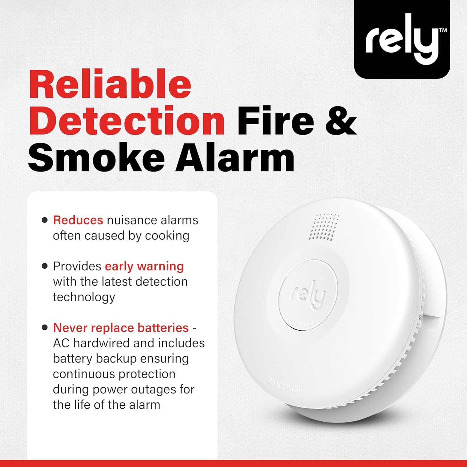 Rely Essentials 5400 Smoke Alarm – Hardwired AC Powered with Battery Backup - Photoelectric Smoke Detector - Interconnect, Easy Install – 1 Pack