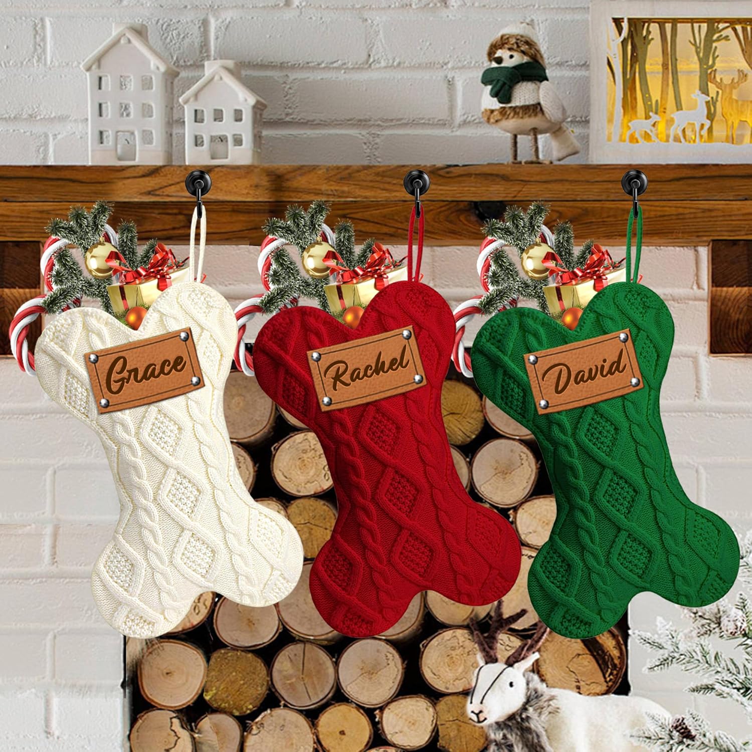 MATONGO Personalized Pet Dog Christmas Stocking, Custom Bone Knit Christmas Stocking Large 16.5 Inch with Laser-Engraving Name, Customized Xmas Stocking, Gifts for Family Kids-Set of 4