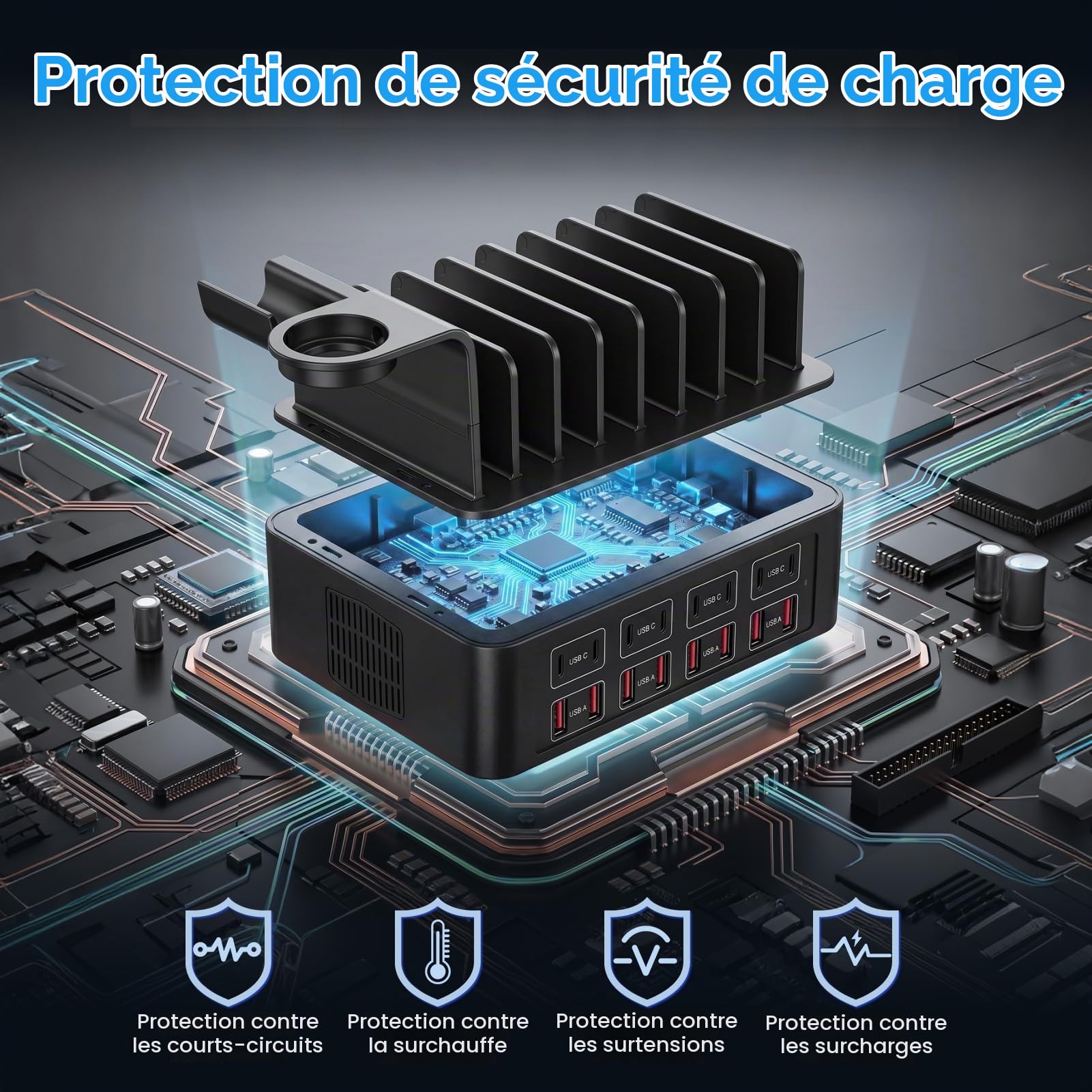 Station de Chargement USB, Station de Recharge 16 Ports 15W avec 8 Câbles, Support Chargeur Telephone,Station de Charge Telephone Portable