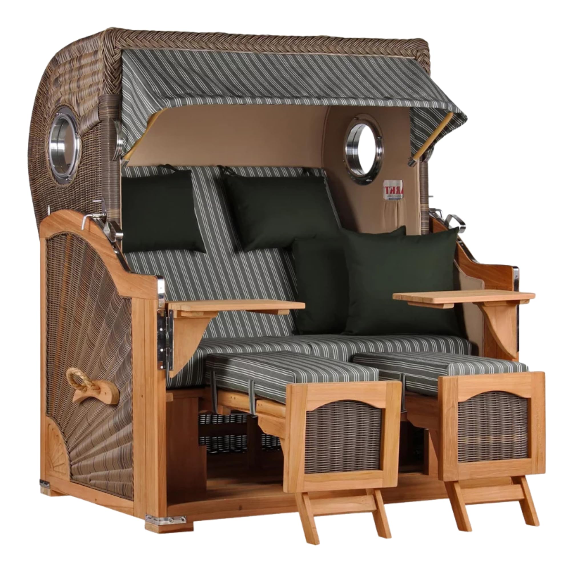 MR. DEKO® Strandkorb Düne Grande XL 2,5-Sitzer Teak | PE Geflecht Grey - Dessin 504 | Volllieger Strandstuhl mit Bullauge inkl. 2 Fußablagen | je 2 Kissen und Nackenkissen | Strandkörbe aus Teakholz