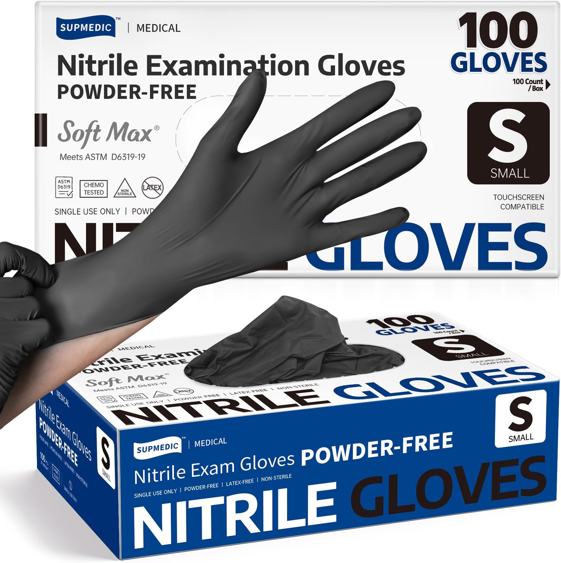 Medical Soft Max™ Black Nitrile Disposable Gloves, 100 Pcs, Latex-Free & Powder-Free Food Safe Food Prep Exam Gloves