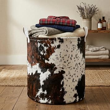 Highland Cow Laundry Basket with Lining Cowskin Printed Boys Girls Laundry Hamper for Clothes Storage Toys Bin Brown and White Cow Home Decor Bull, 43L