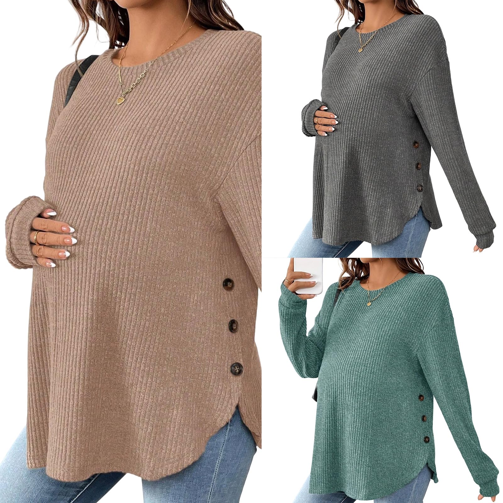 Chemise de grossesse élastique - Pull d'hiver chaud - Tissu doux et extensible - Fente latérale pour le confort maternel - Mobilité - Vêtements de grossesse - Troisième trimestre