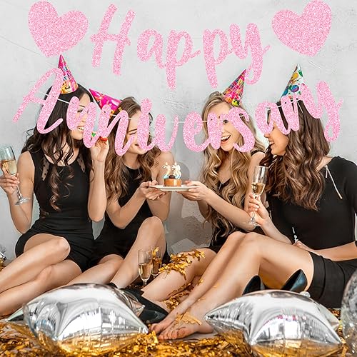 Miniatura 4 de Decoraciones de feliz aniversario  Cartel de feliz aniversario pre-encordado  Cartel de fiesta de aniversario de boda con purpurina rosa en