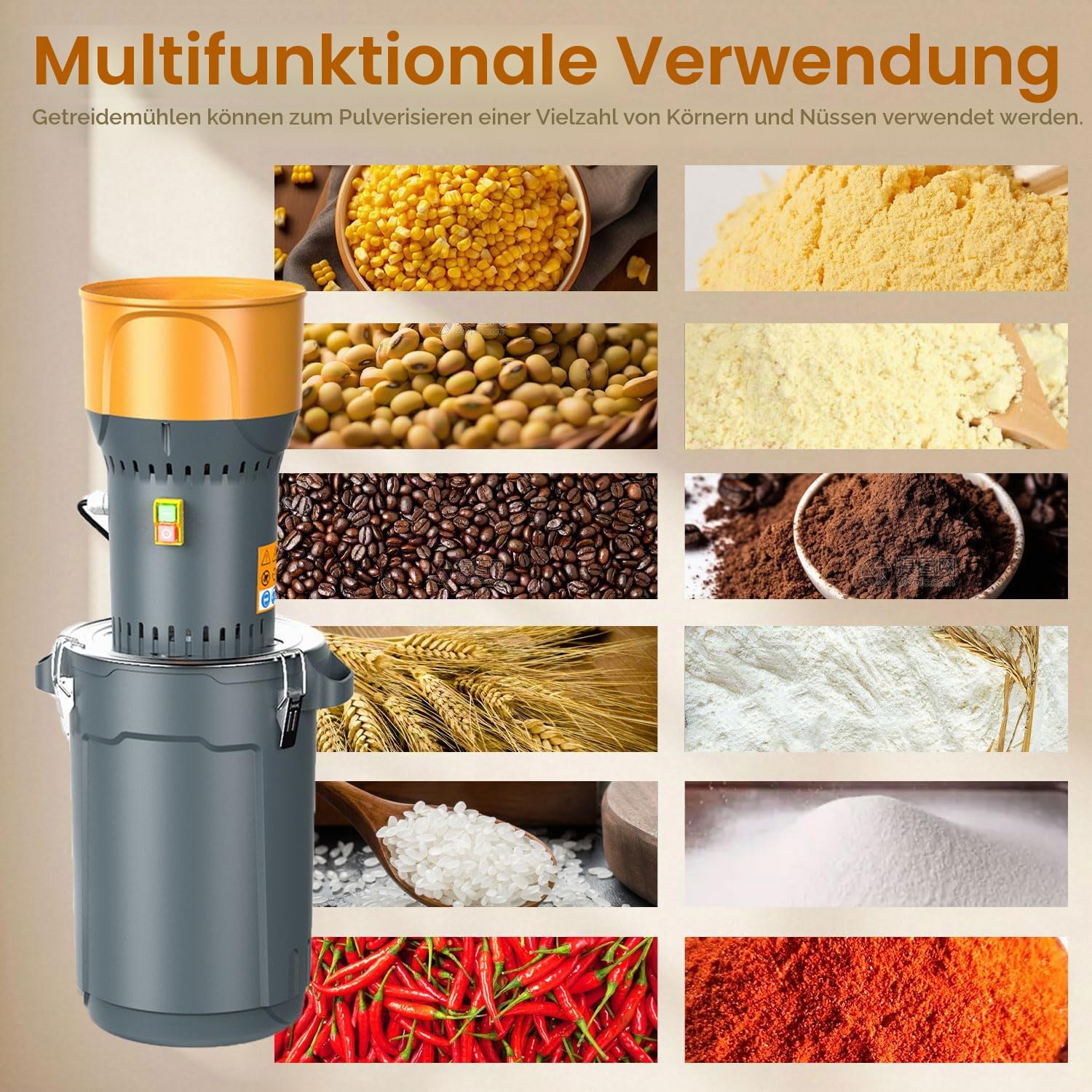 Elektrische Getreidemühle 1300W, 25L Maismühle Maschine mit 5 Feinheitssieben, abnehmbarem Trichter & Eimer, Futter-/Getreidemühle Crusher für Haus und Bauernhof