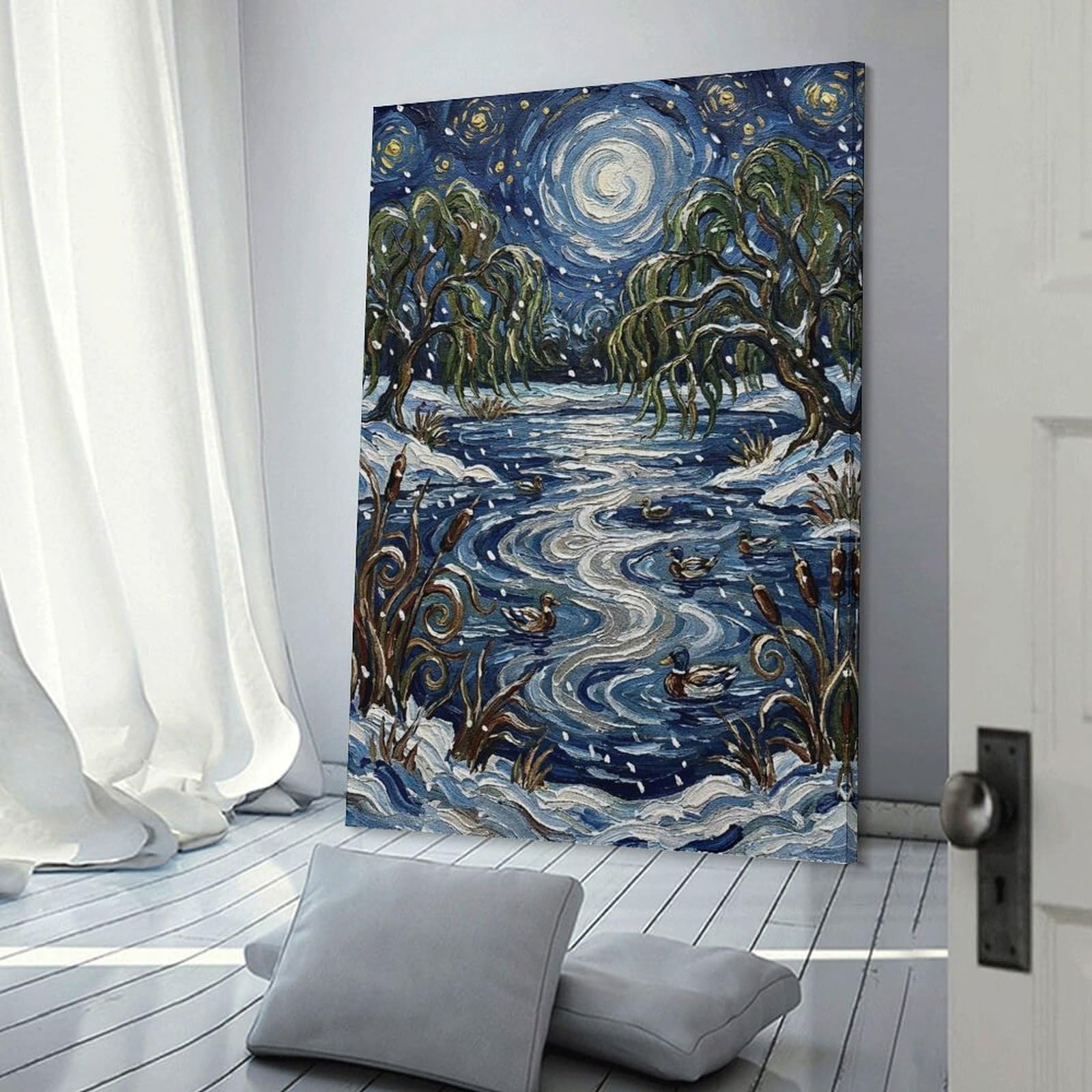 Junmoney Winter Pond with Ducks Painting Canvas Wall Decor, 24x36inch(60x90cm), for Bedroom, Guest Room Or Reading Nook, Canvas Wall Decor for Personal Spaces