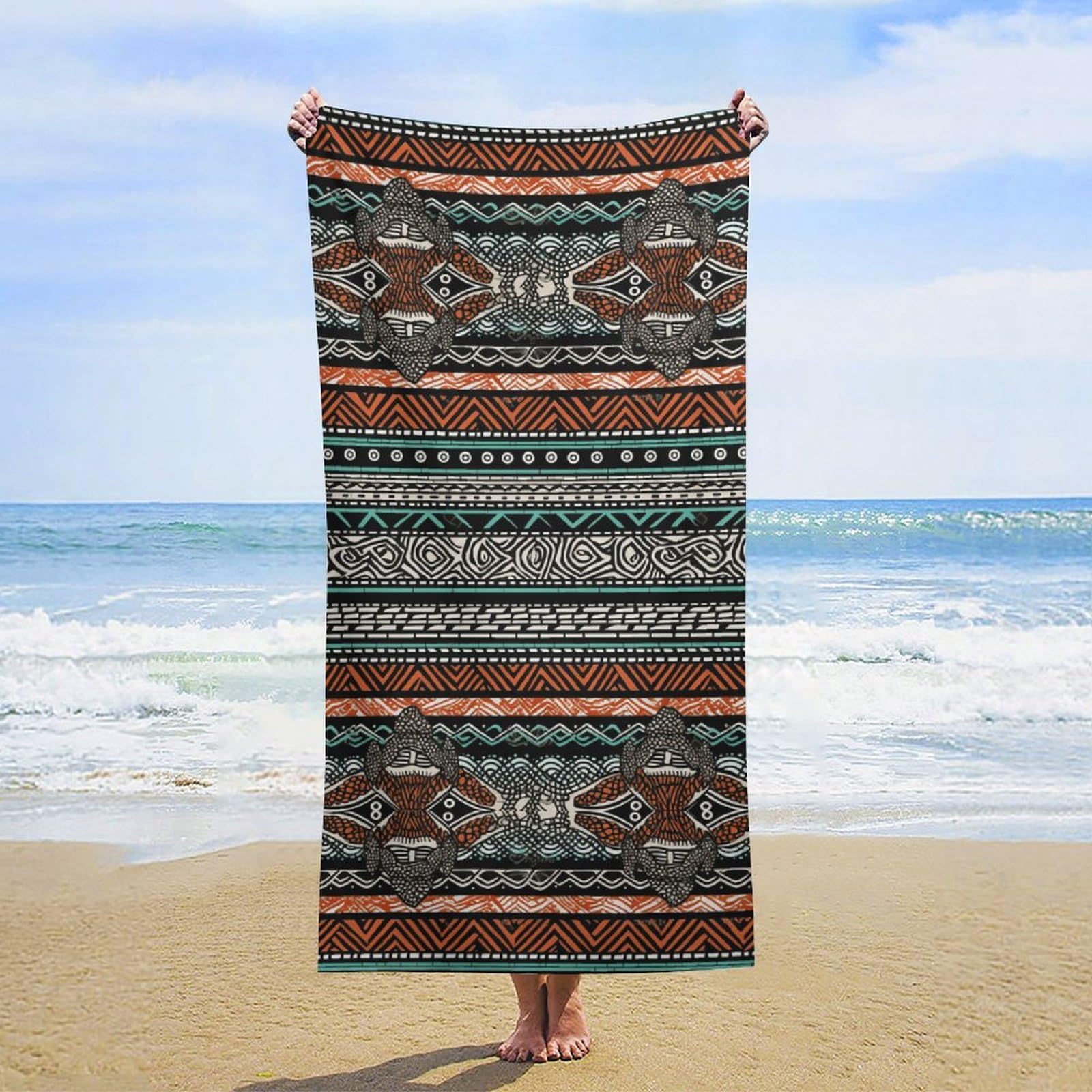 NTVOWPZO Ethnic Turtle Striped Beach Towel Oversized Microfiber Bath Towels Lightweight Sand Proof Beach Towels Absorbent Pool Towels for Swimming Yoga Bathroom Towel 31.5" X 63"