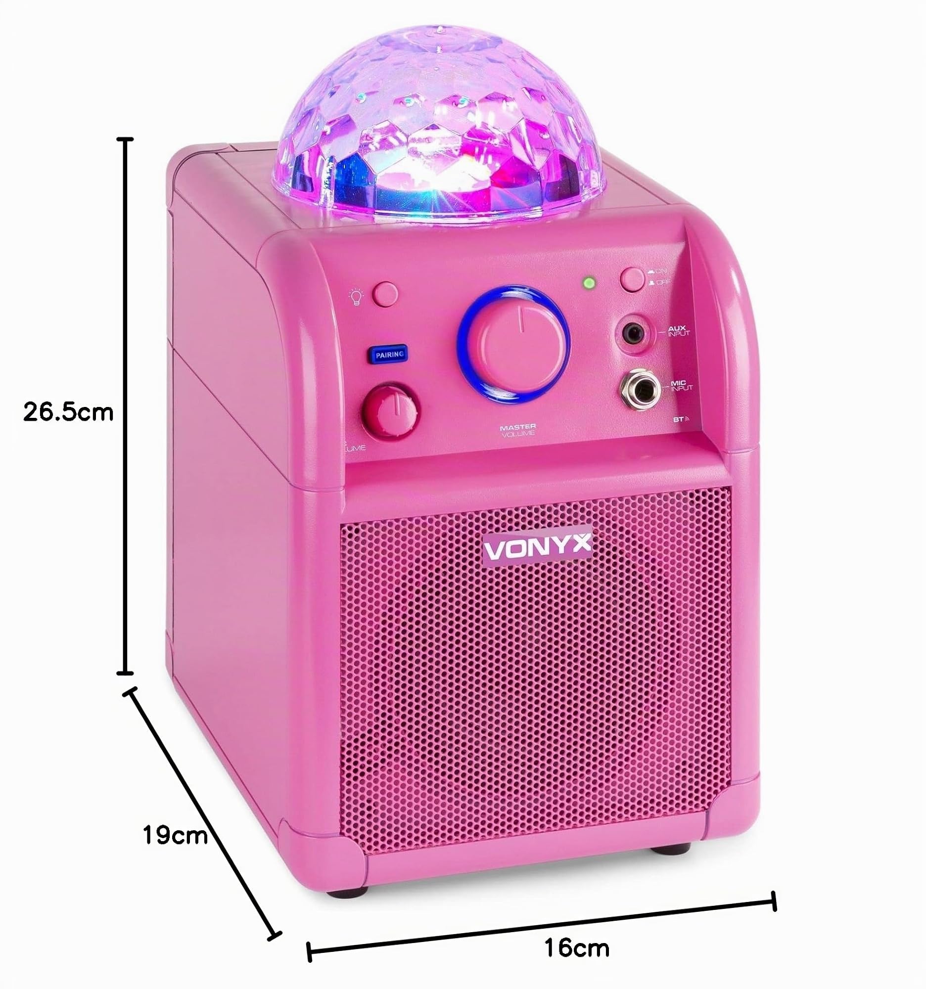 Vonyx SBS50P Altavoz portátil Set de Karaoke para Fiesta con micrófono y Efecto Eco, Bluetooth, Bola de Discoteca con Efectos de Luces LED, Entrada Auxiliar - Rosa