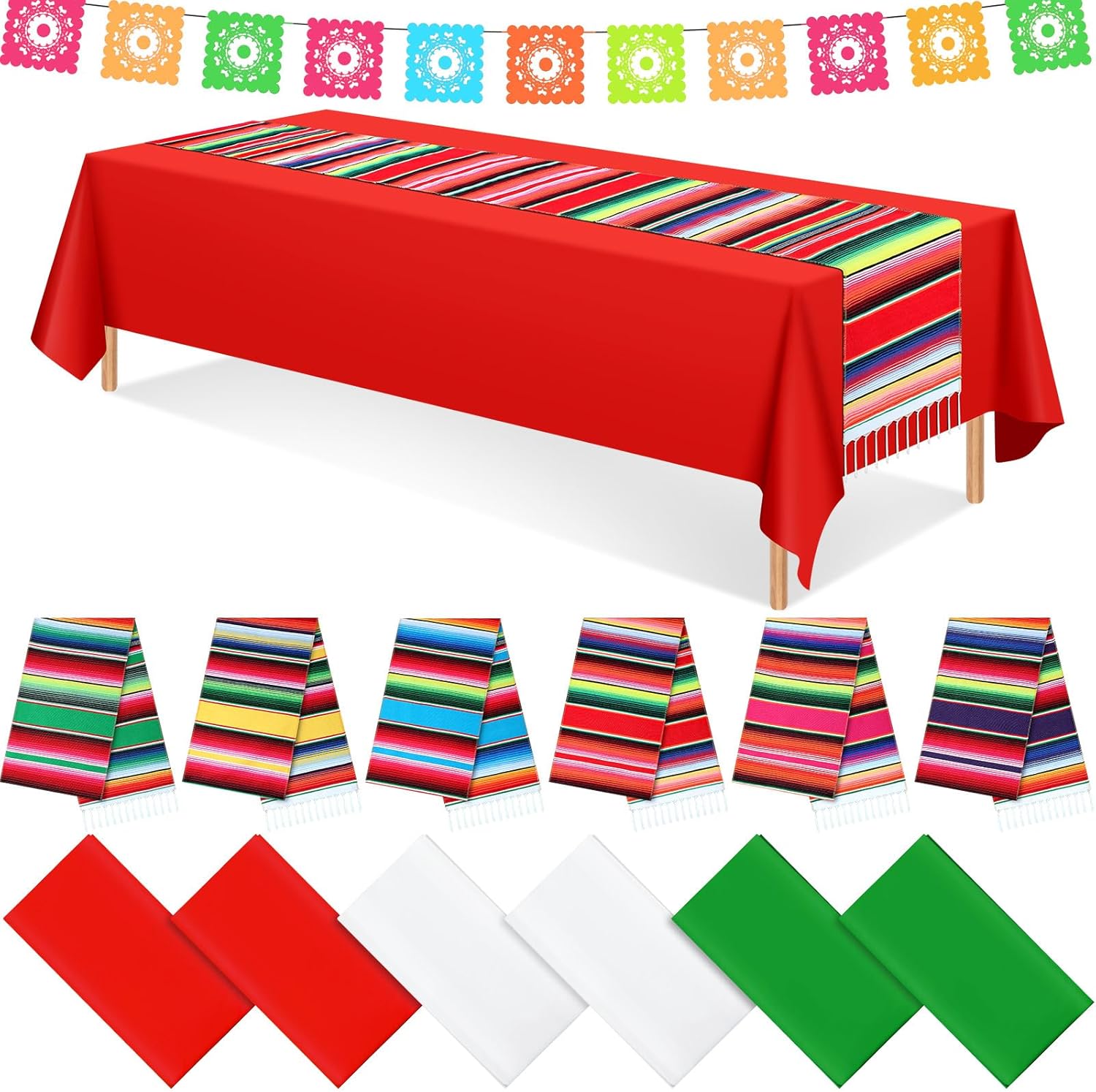 12 Pcs Mexican Serape Table Runner and Plastic Disposable Fiesta TableclothTable Runner Party Decoration White Red Green Mexican Tablecloth for Cinco De Mayo Taco Party Decoration