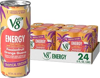 V8 +Energy Passionfruit Orange Guava Energy Drink, 80mg Natural Caffeine from Tea, 8oz Cans (24 Pack)
