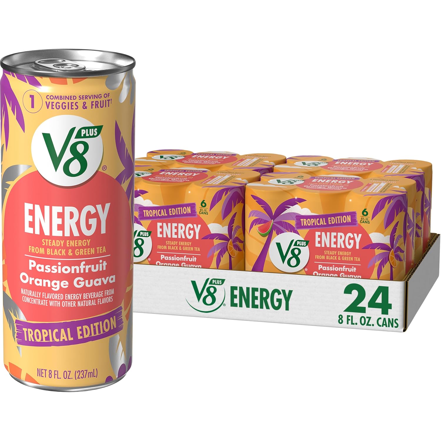 V8 +Energy Passionfruit Orange Guava Energy Drink, 80mg Natural Caffeine from Tea, 8oz Cans (24 Pack)