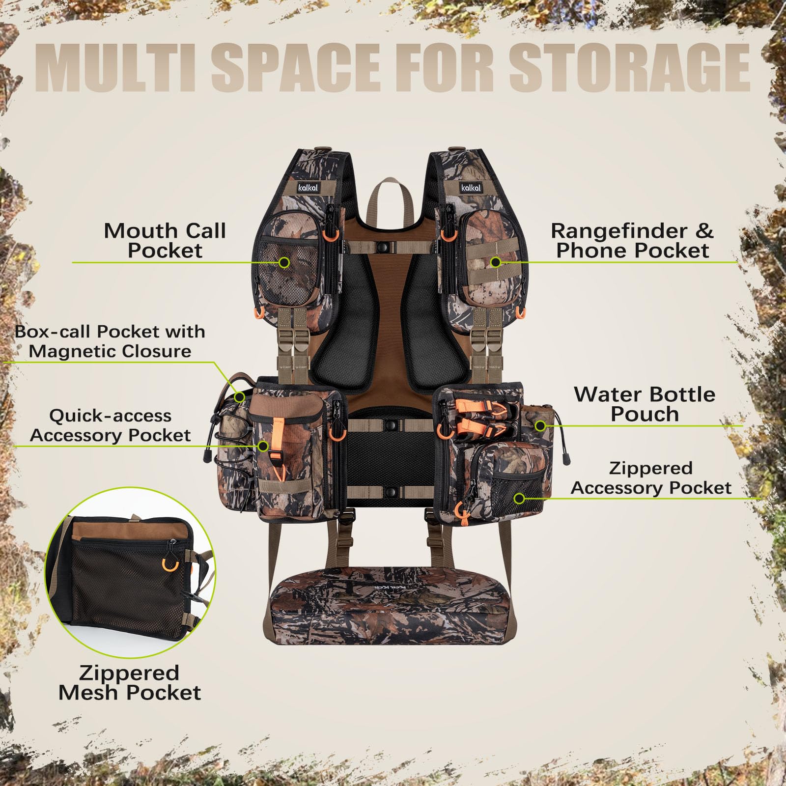 Kalkal Camo Turkey Vest with Detachable Seat Pad | Lightweight Turkey Hunting Vest for Men & Women (Water Bladder Compatible, 13 Multi-Functional Pockets)