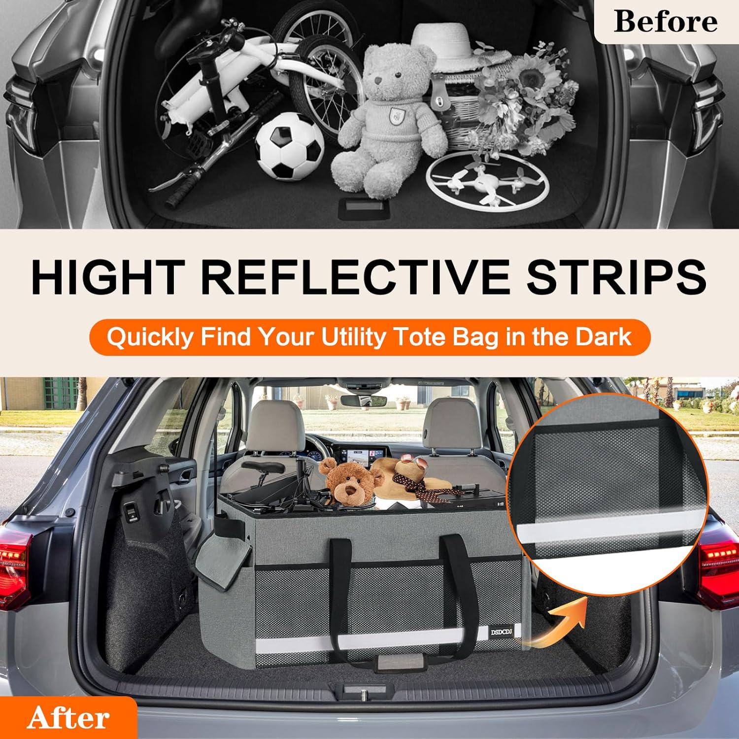 Upgrade Extra Large Utility Tote Bag with Reflective Strip, Standing Reusable Grocery Bags with Hard Bottom & 4 Sided Reinforced, Collapsible Utility Tote with Handles for Beach, Picnics, Car - Image 4