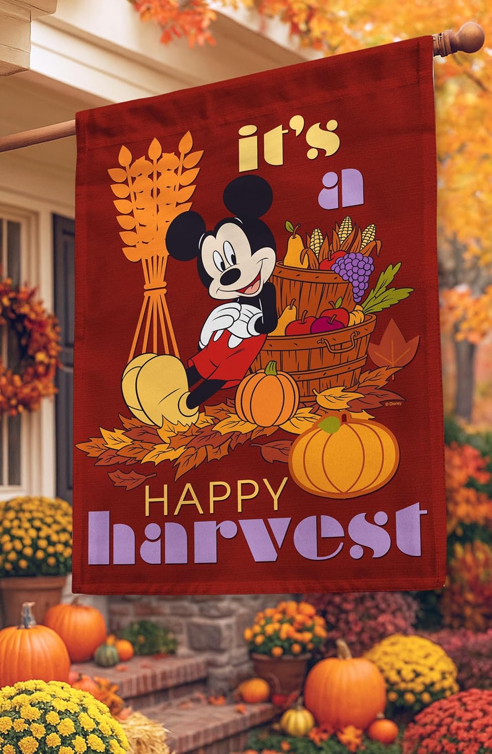Flagology.com, Disney, Mickey Mouse, Happy Harvest Mickey – House Flag – 28” x 40”, Fall, Outdoor/Indoor, Exclusive Premium Fabric, Officially Licensed Disney