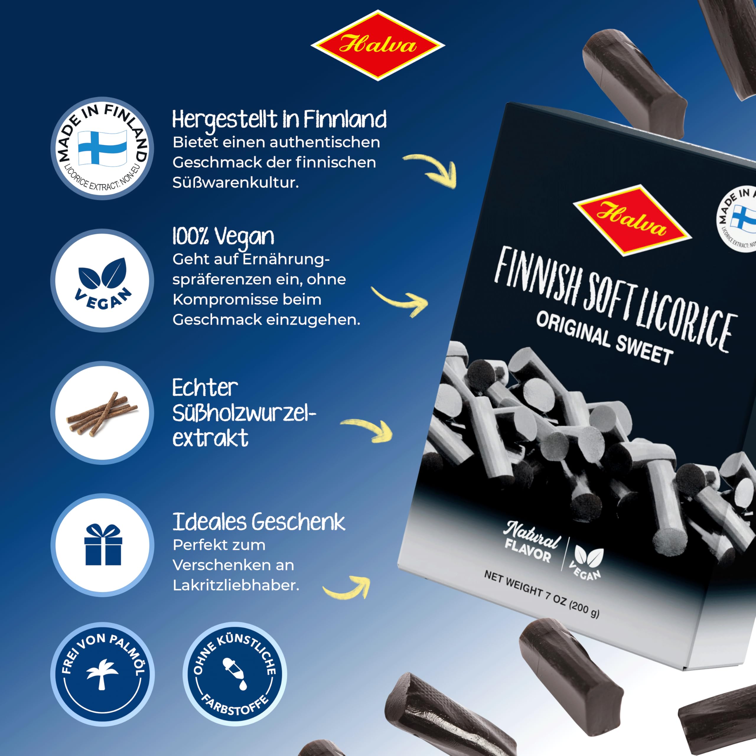 Halva Original Sweet Soft Lakritze Geschenkset 7 x 200 g - Finnische Lakritzbonbons zum Teilen, für Partys und als Snack - Veganes nordisches Liquorice mit echtem Lakritzwurzelextrakt