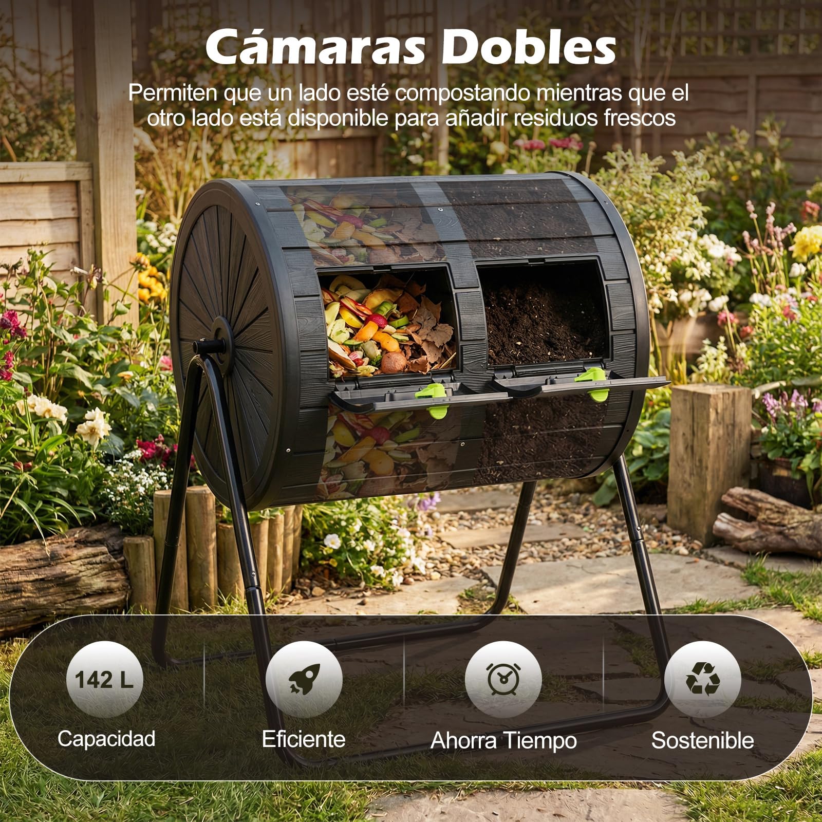 COSTWAY Compostador Giratorio 142 L, Contenedor de Compostaje con Doble Cámara, 2 Puertas Bloqueables, Rotación de 360°, Jardinero Cocina Patio Granja, sin BPA (Negro)