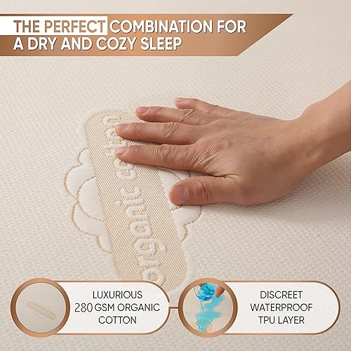 Miniatura 2 de Protector de colchón orgánico impermeable de alta calidad, 100% algodón orgánico, hipoalergénico y transpirable, comodidad de 280 GSM, protector
