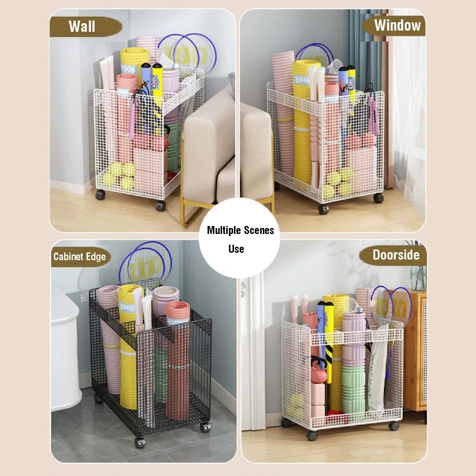 Soporte para Esterilla de Yoga, Estante Multifuncional con Ruedas para Equipos de Fitness en casa. Organizador de esterillas y Accesorios para Rodillos de Espuma y Bloques de Yoga, Ideal par