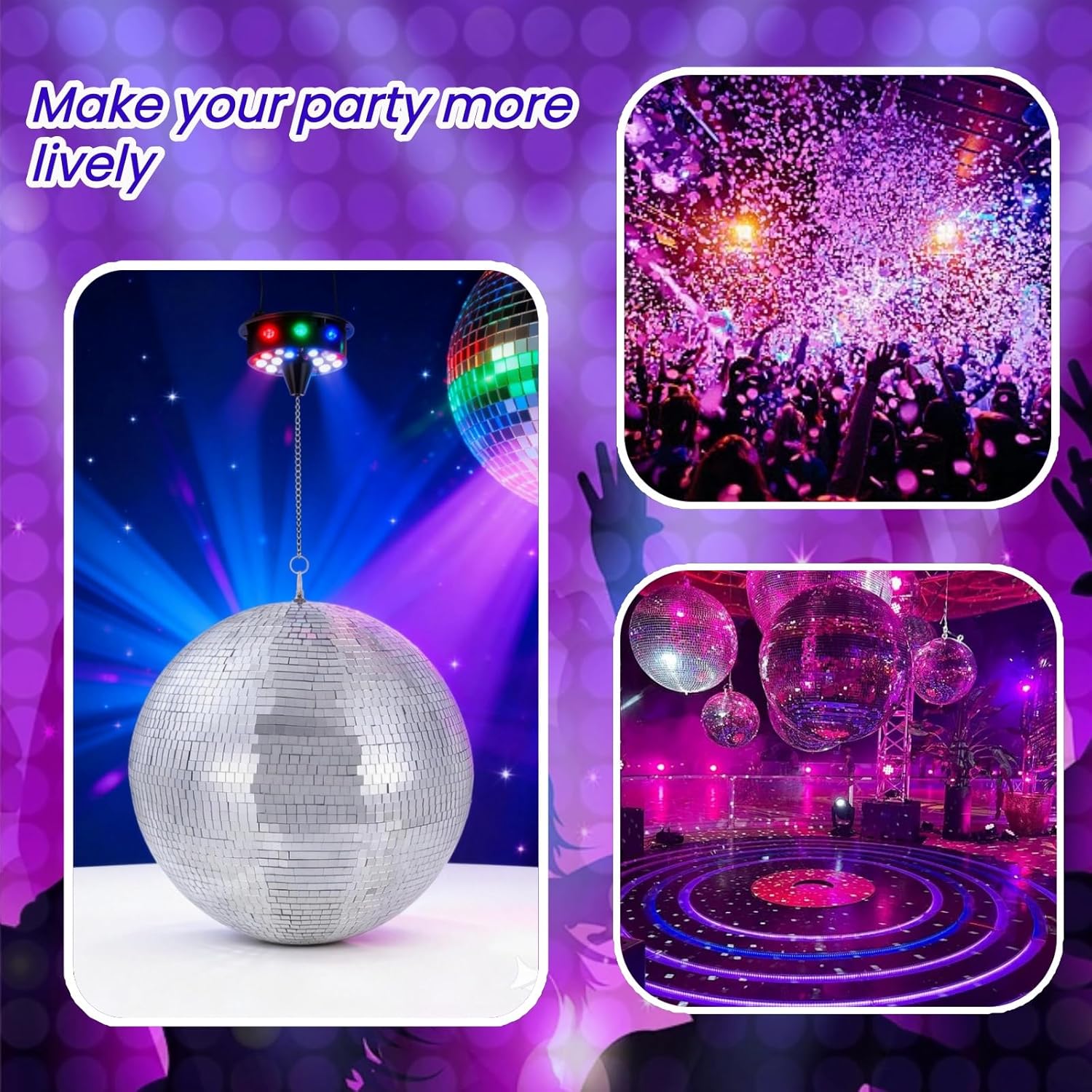 16" Disco Ball with Motor and Light, Large Mirror Ball Voice Control Mode 4 Light Colors and 18 LED Beads Hanging Party Decor for Party DJ Club Bar
