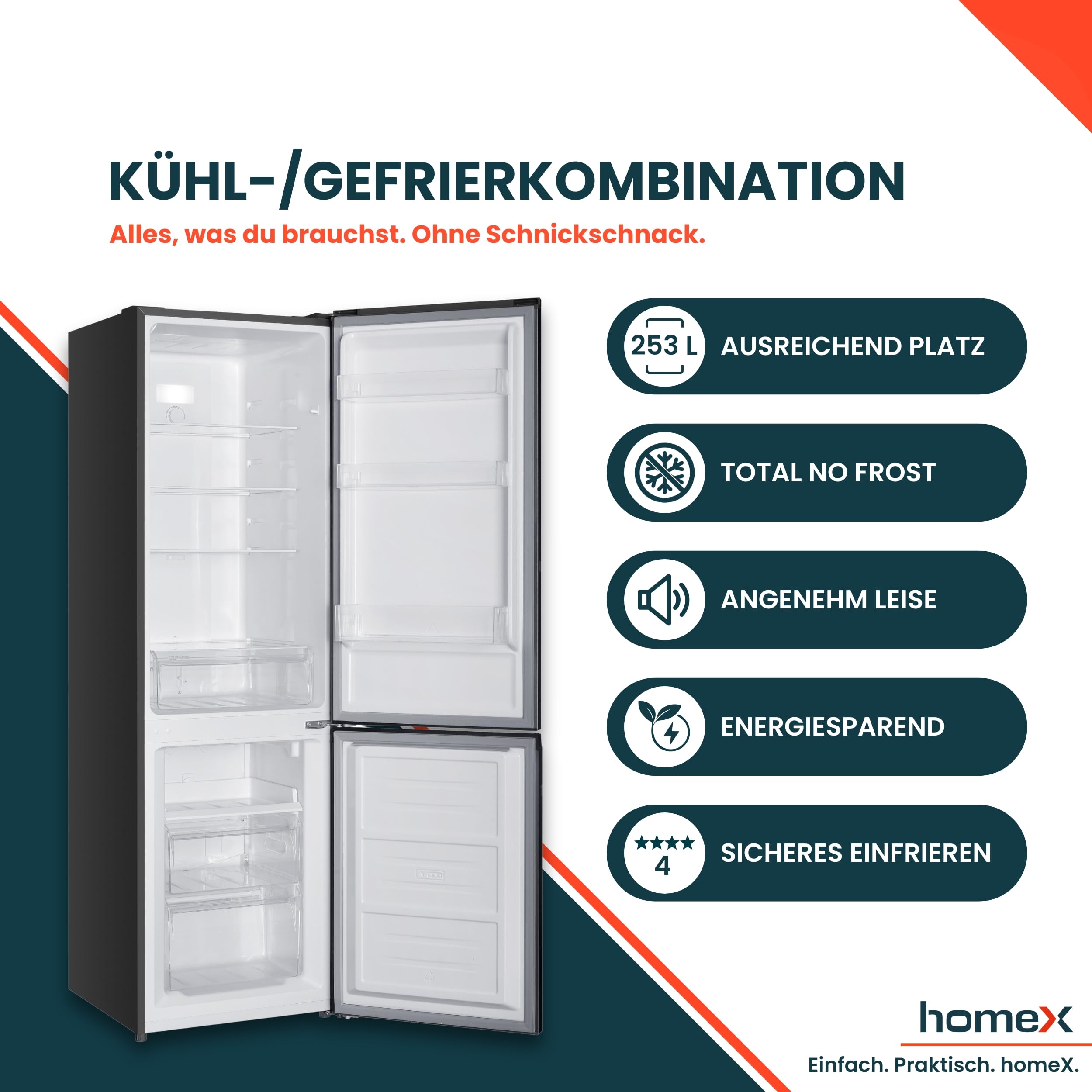 homeX Kühlschrank mit Gefrierfach No Frost, Kühl-Gefrier-Kombination freistehend, groß - 253 Liter, Super-Frost-Funktion, leise Kühlgefrierkombi, EEK C, Kühl Gefrierkombination, silber, CFSN2531C-S