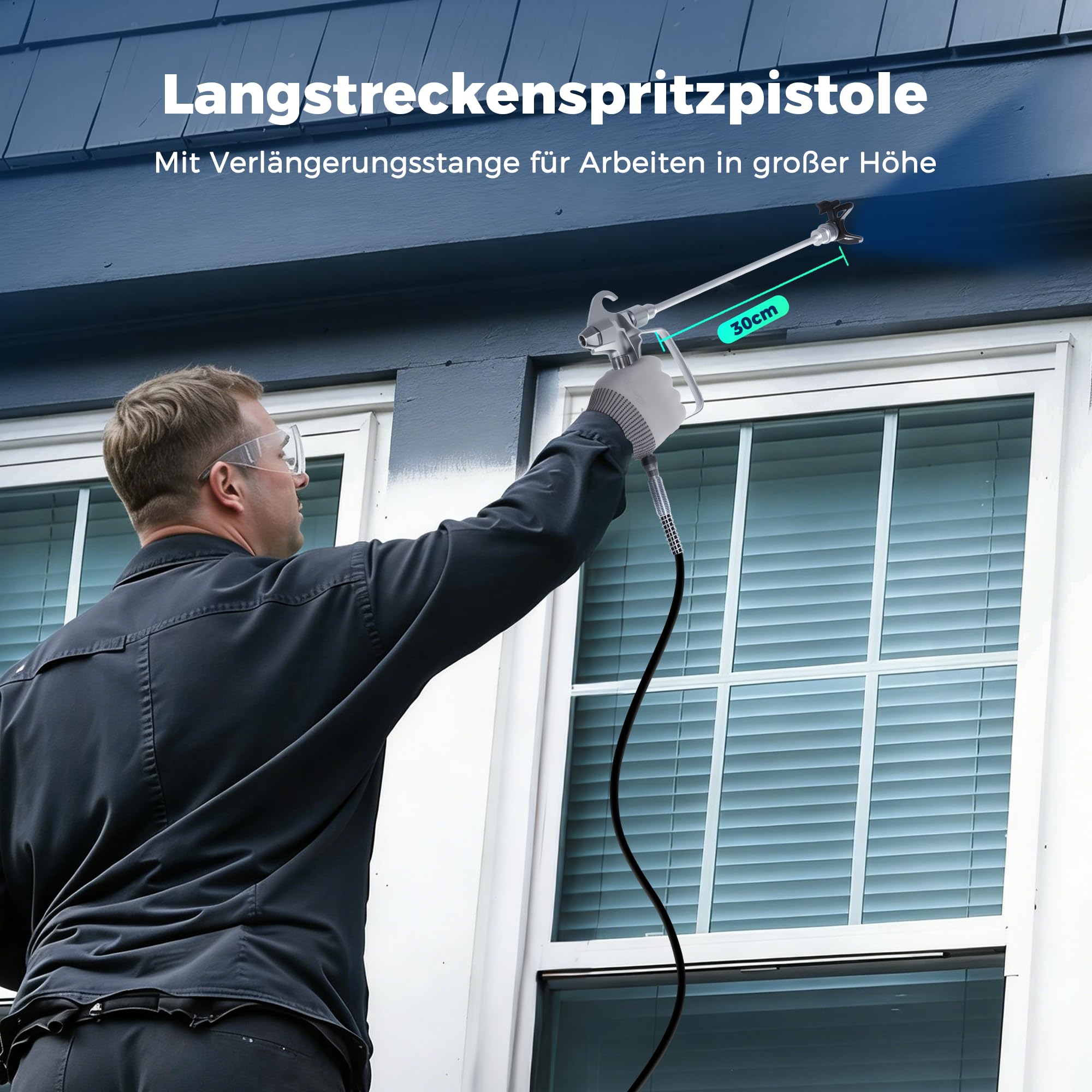 Hochleistungs Airless Farbsprühsystem, 3300PSI 1010W Airless Farbsprühgerät, 1,5L/min, 7,5m Schlauch, mit Verlängerungsstange und Verstopfungsschutz für Innen- und Außenwände, Zäune, Dächer