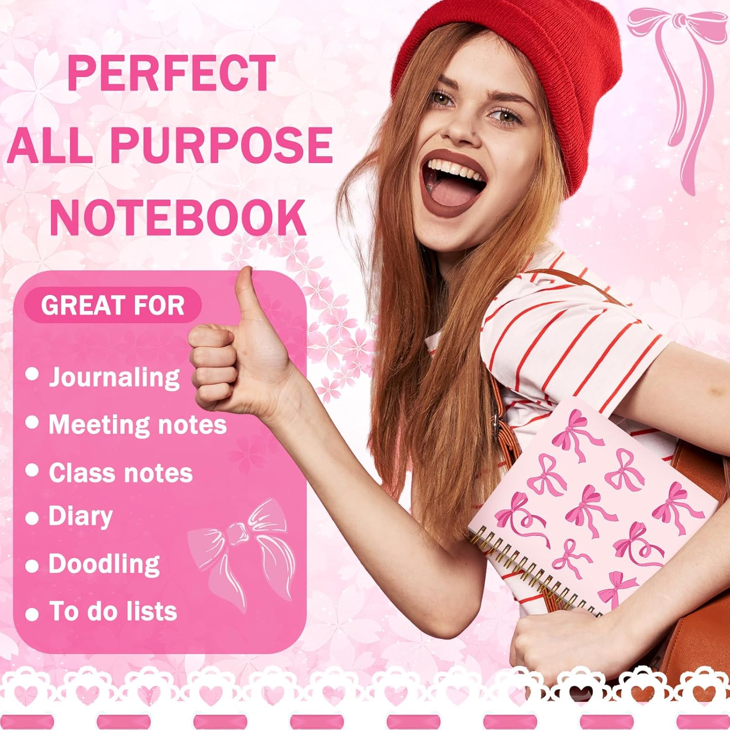 6 Pack A5 Pink Bow Spiral Notebooks Coquette Bow Preppy Journal Cute Aesthetic Ruled Notebooks with Ballpoint Pens for Office School Day Classroom Prize Gifts, 5. 8 x 8. 3 Inch - Image 5