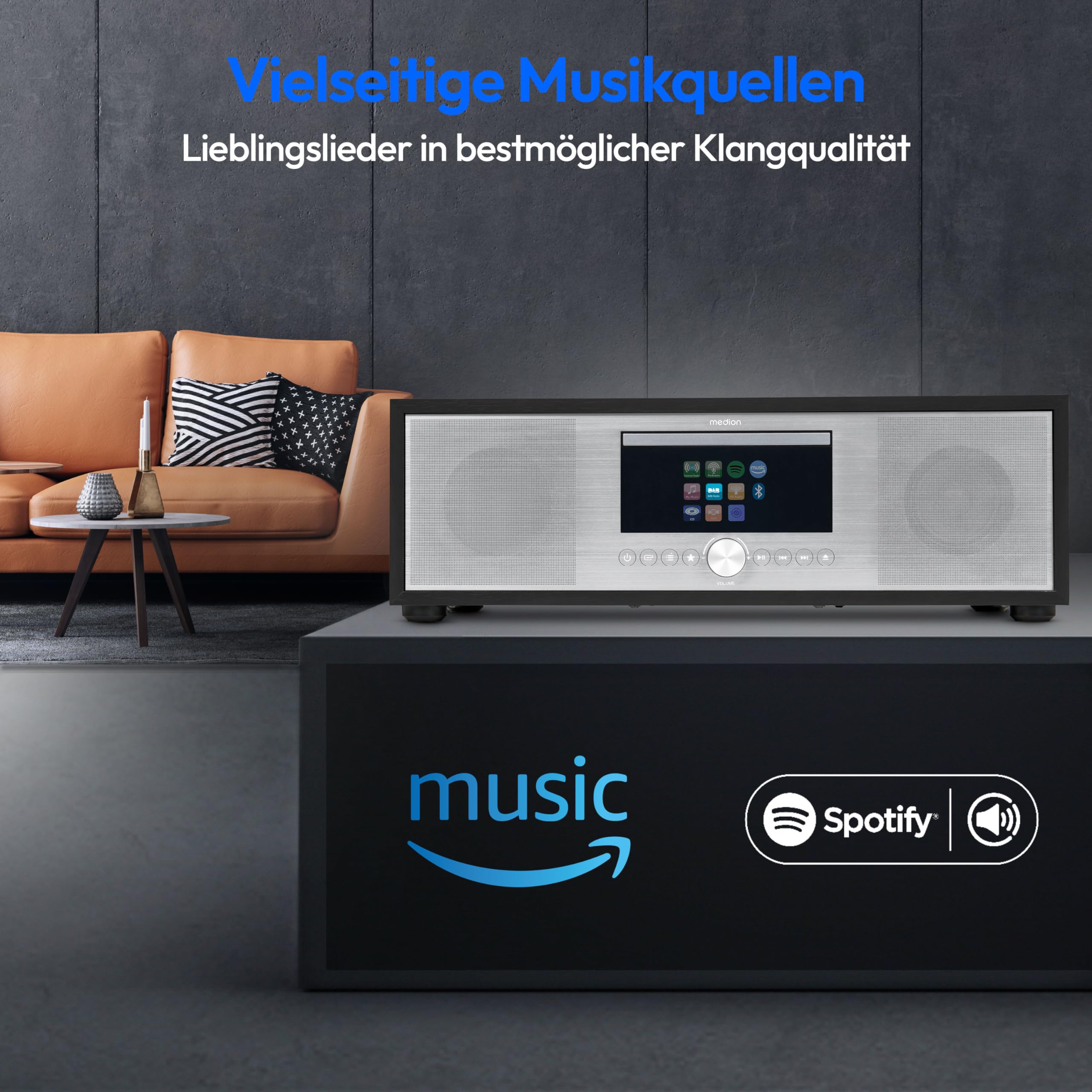 MEDION P66400 Stereoanlage (Internetradio, DAB+, CD/MP3-Player, Spotify Connect, Amazon Music, PLL UKW Radio, USB, AUX, Kompaktanlage, Subwoofer Weckfunktion, Sleep Einschlafautomatik) Silber