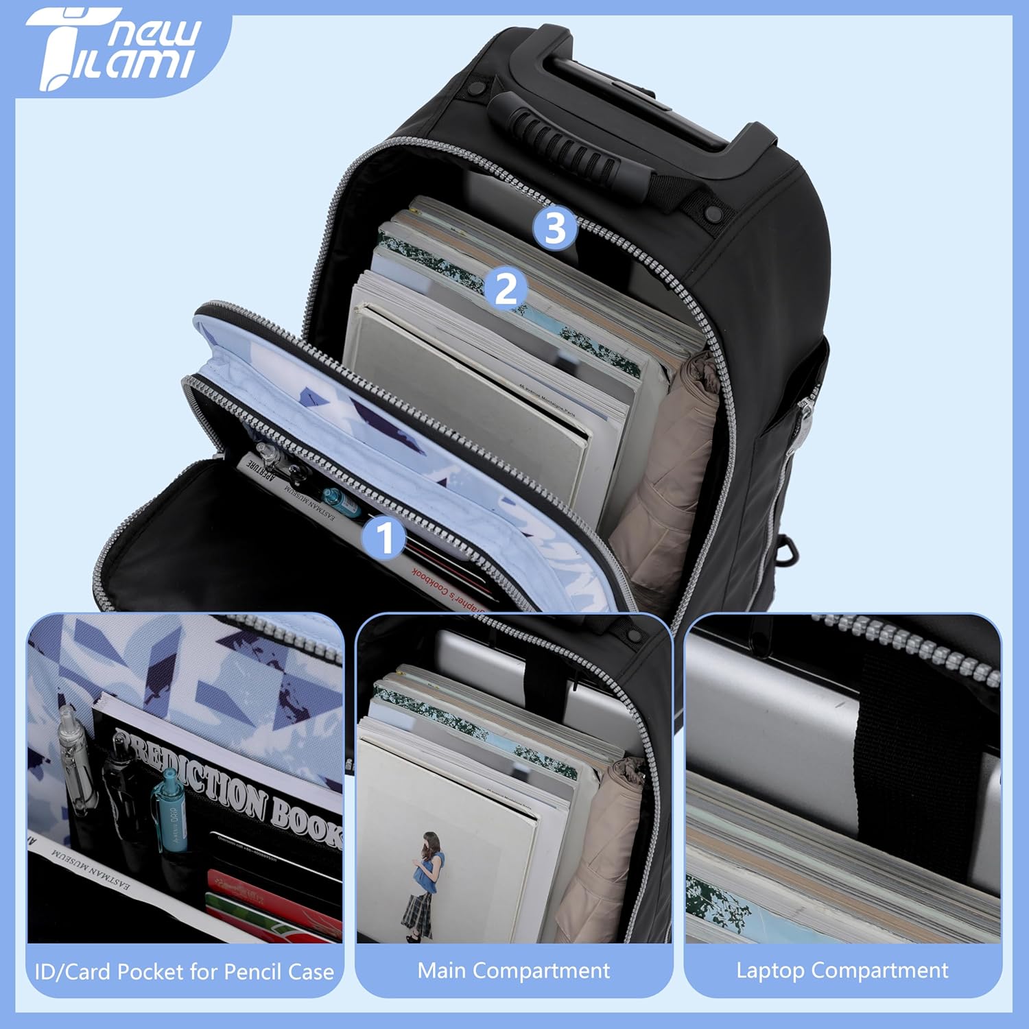 NEW TILAMI 19 Inch Rolling Backpack 360°rotating Universal Wheel, Large Organizer Compartments, Adjustable Handle, Carry on for School Students Business Travel, Ice-blue Rhombus Shadows