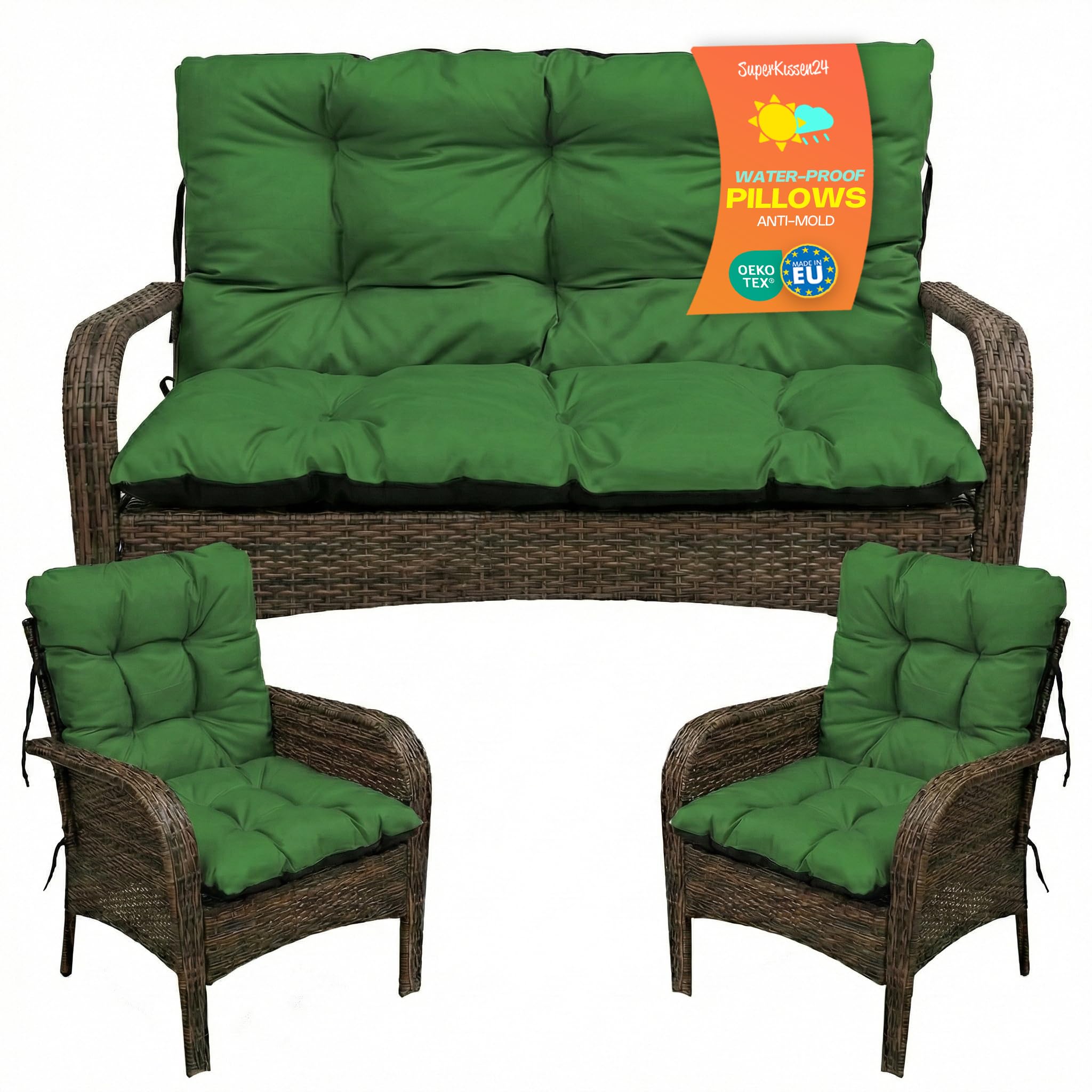 SuperKissen24. Coussin Dossier pour Banc de Jardin Canapé - 140x50 cm et Appui 140x60 cm + 2X 48x96 cm Coussin de Chaise Longue - Bain de Soleil - Intérieur/Extérieur - Imperméable - Vert