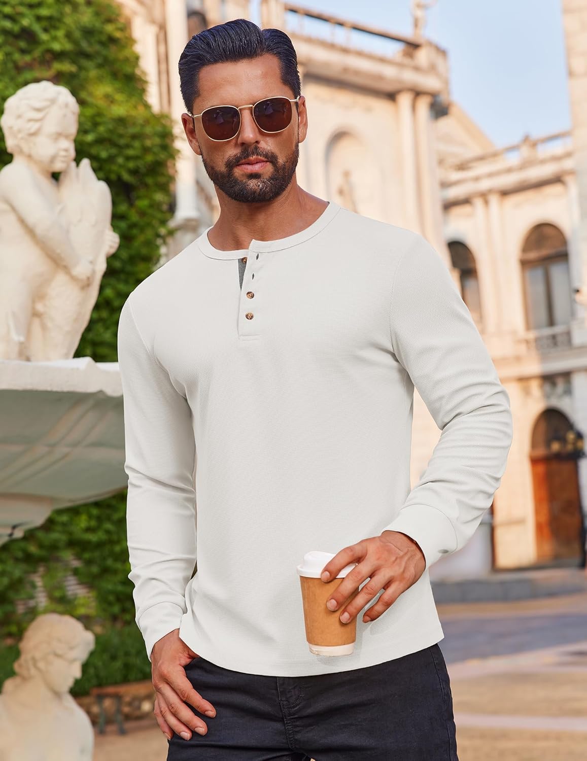 COOFANDY Mens Waffle Henley Shirts Long Sleeve Casual T-Shirt Basic Lightweight Pullover Tees - Image 4
