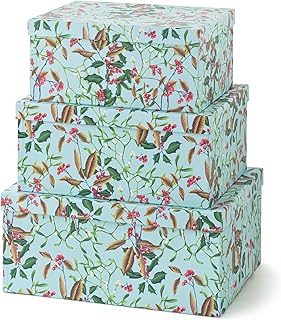 Soul & Lane Winter Berries Cardboard Boxes - Set of 3: Decorative Storage Boxes with Lids, Paper Mache Cardboard Nesting Containers, Christmas Winter Photo Cartons, Stacking Gift Wrap Storage