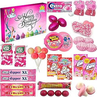 Retro Sweets & Chocolate Mixed Gift Hamper Box | Sweet treats & Chocolates | Pink Birthday Box | Perfect for kids parties,Birthday| Happy Birthday Pink Colour (C5) Stylish Unique Box (VSTAR)