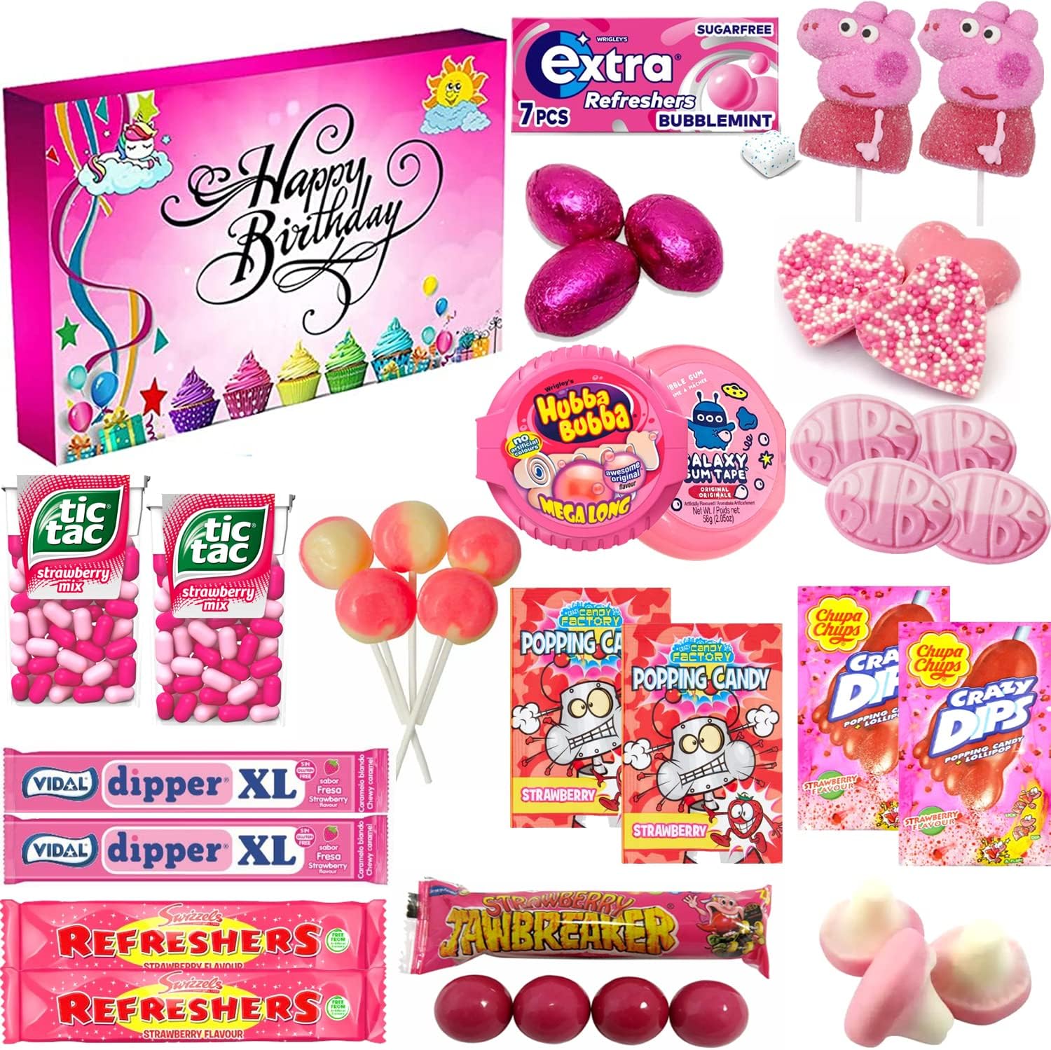 Retro Sweets & Chocolate Mixed Gift Hamper Box | Sweet treats & Chocolates | Pink Birthday Box | Perfect for kids parties,Birthday| Happy Birthday Pink Colour (C5) Stylish Unique Box (VSTAR)