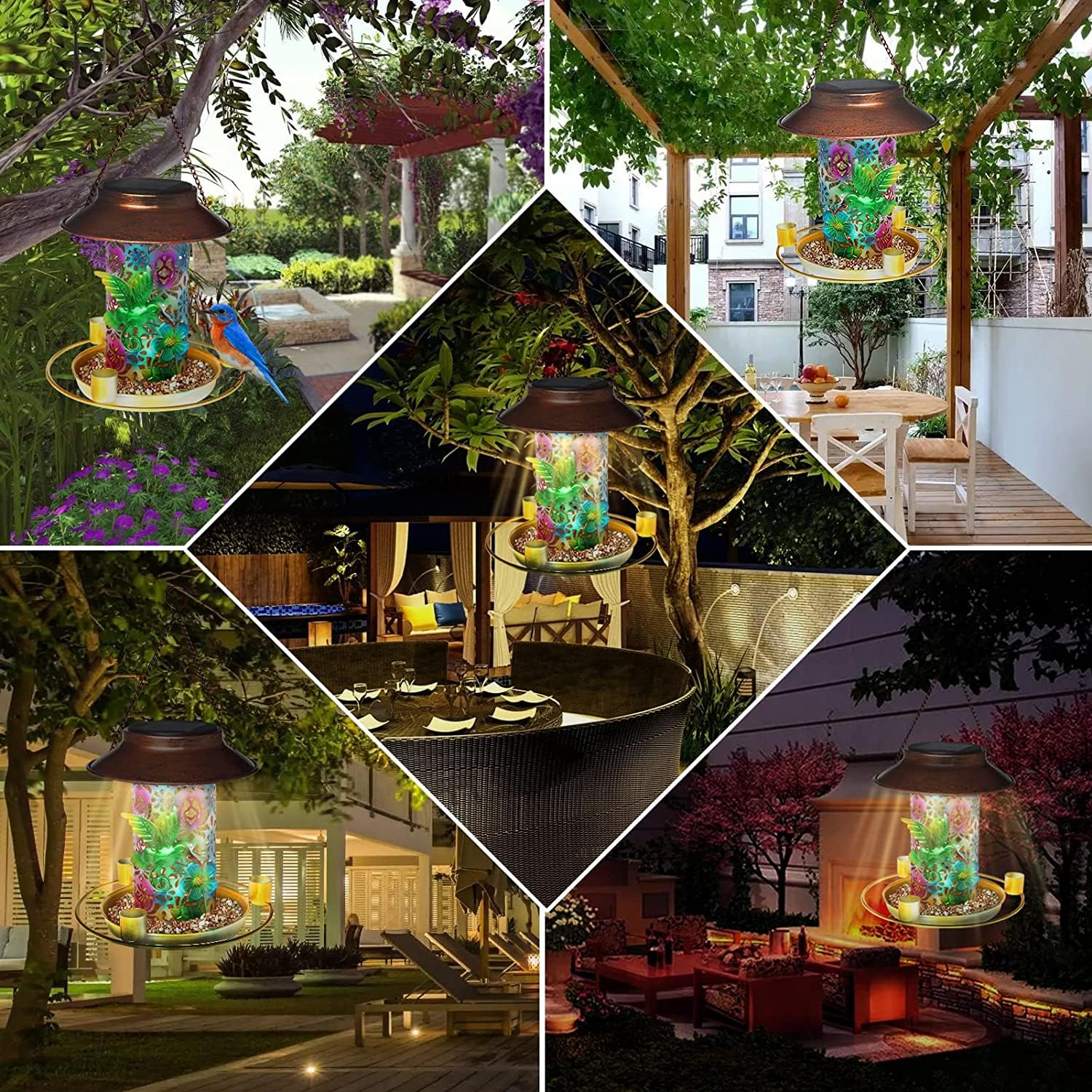 Mangiatoia solare per uccelli per esterni, in metallo resistente, da appendere, con luce per giardino, cortile, esterno, regalo decorativo a forma di lanterna unica