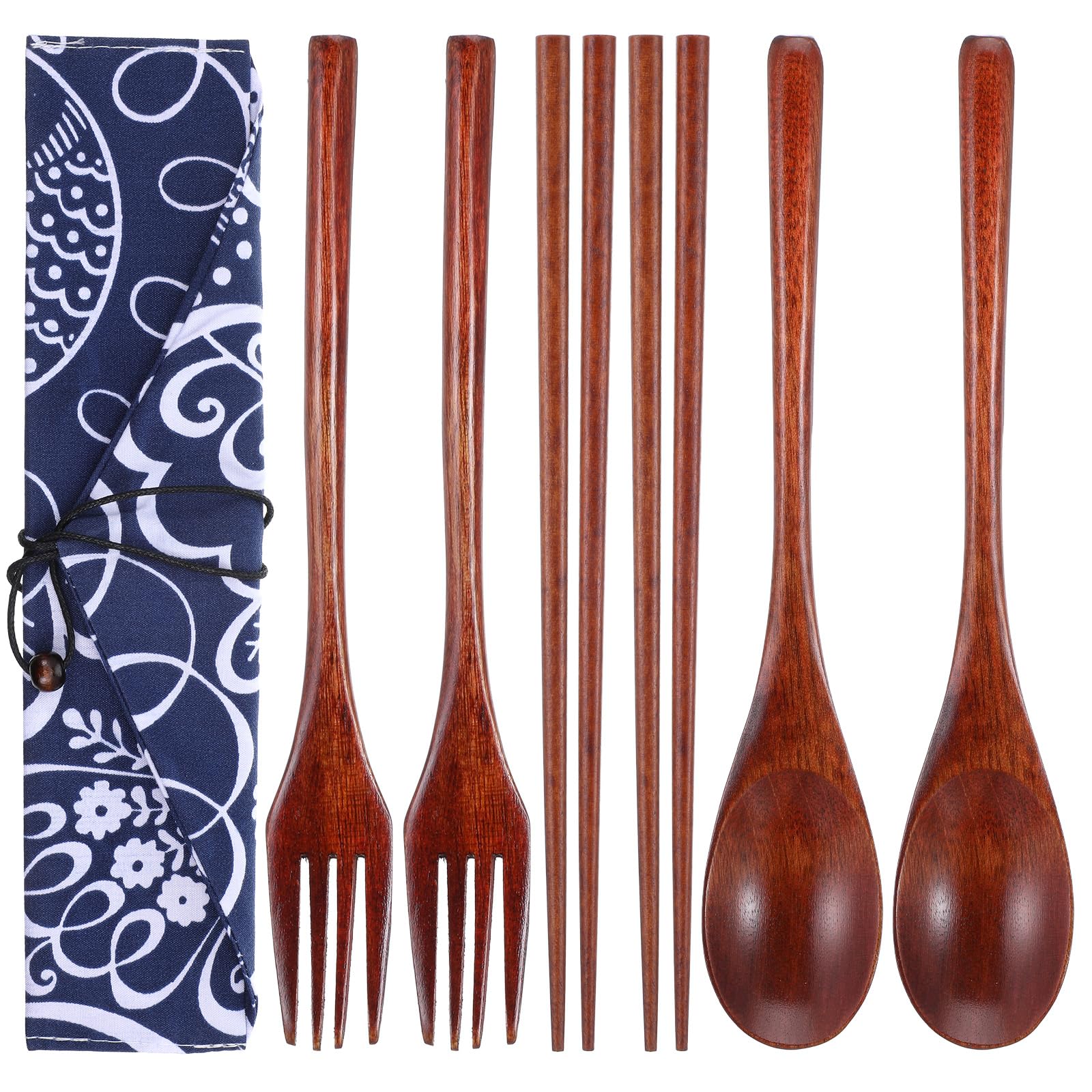 DOPENSPI 7PCS Wooden Tableware, Nanmu Japanese Style Cutlery Set with Pouch