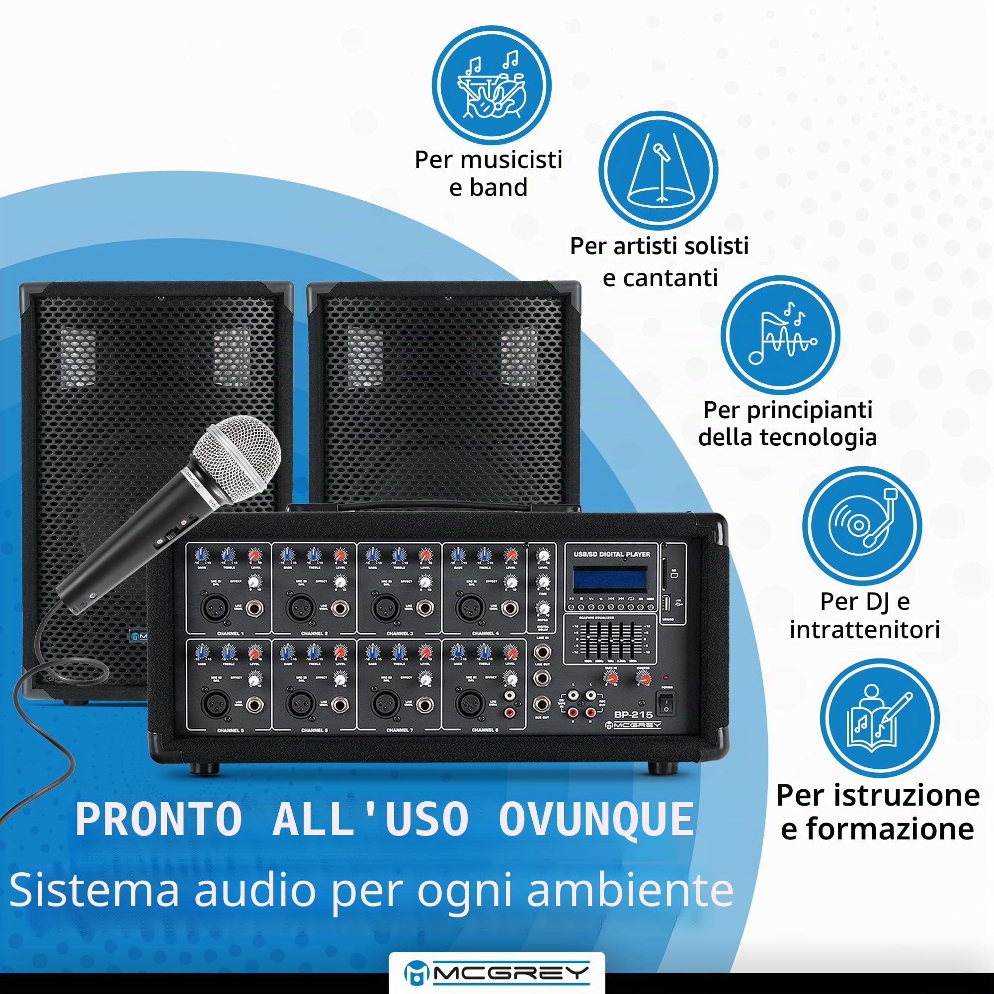 McGrey BP-215 Bandpack PA-System: mixer amplificatore 8 canali, riverbero digitale, Bluetooth, slot USB/SD, casse 2 vie 15" woofer, microfono, supporti, cavi, 150 Watt.