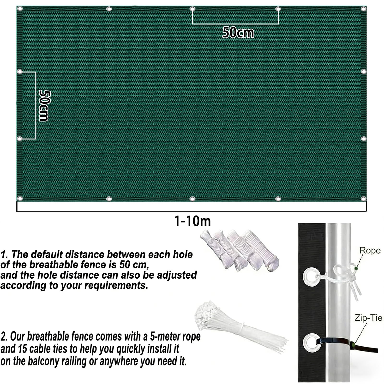 Copri Balcone 170 x 750 cm in HDPE 220G ㎡, Frangivento, Protezione Solare, Permeabile, Anti-Uv, Frangivisto Balcone Protezione con Fascette e Funi para Exterior Terraza, Verde