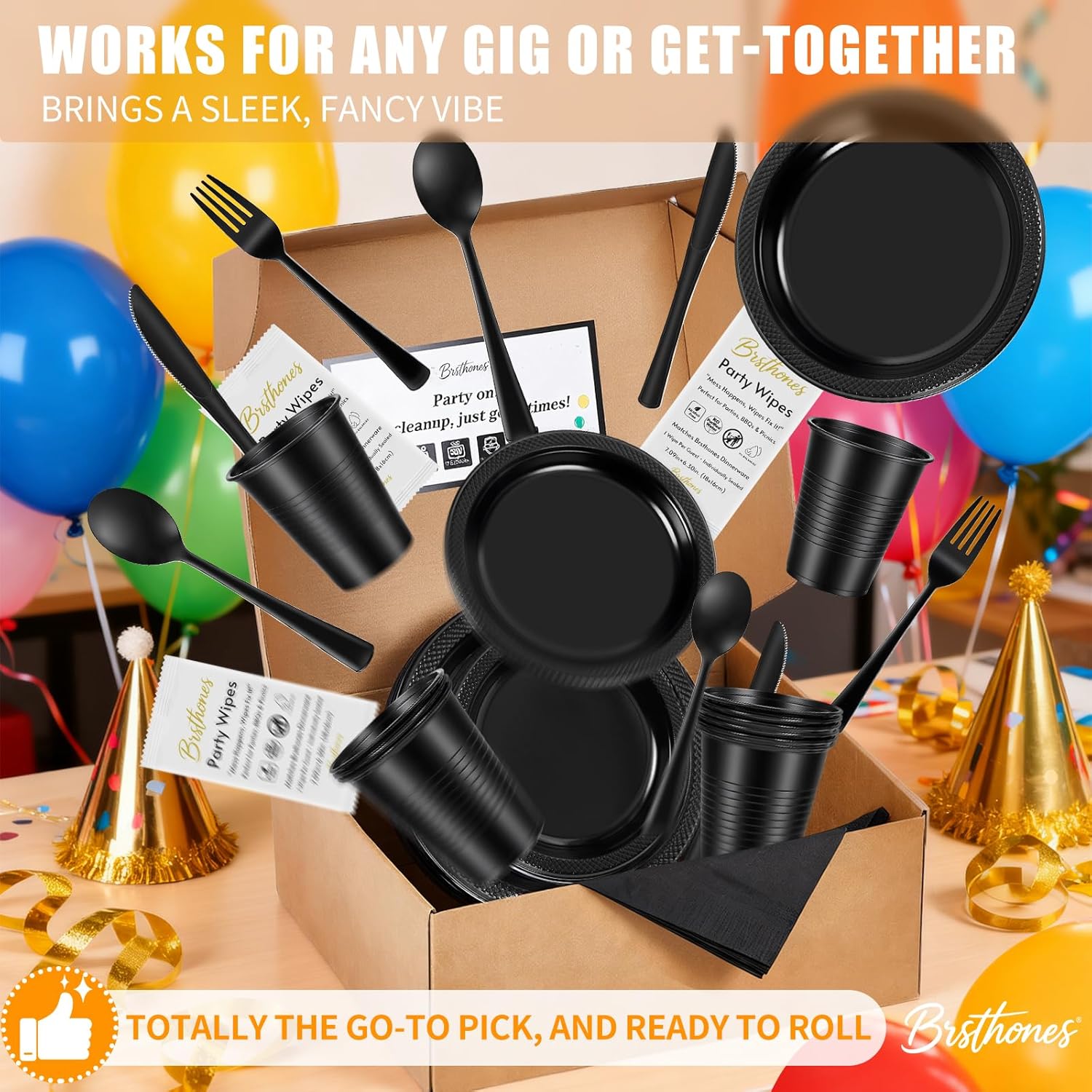 400 Pieces Black Plastic Plates Set with 50 Party Wipes, Solid Black Plastic Dinnerware - 50 Each 9" Dinner Plate Set, 7" Dessert Plate, Cups, Napkins & Cutlery for Any Celebration