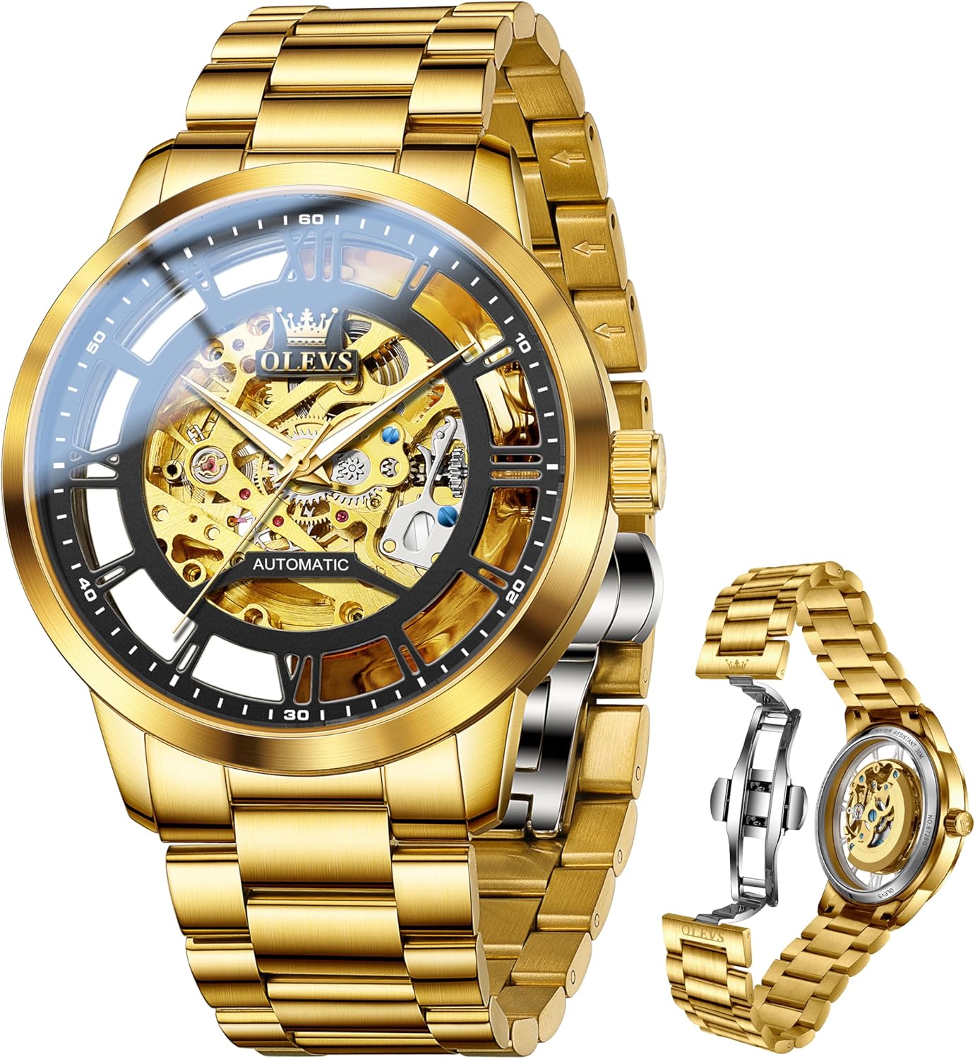 OLEVS Mens Skeleton Watches Automatic Self Winding Mechanical Designer Luxury Dress Stainless Steel Waterproof Original Wrist Watches for Men