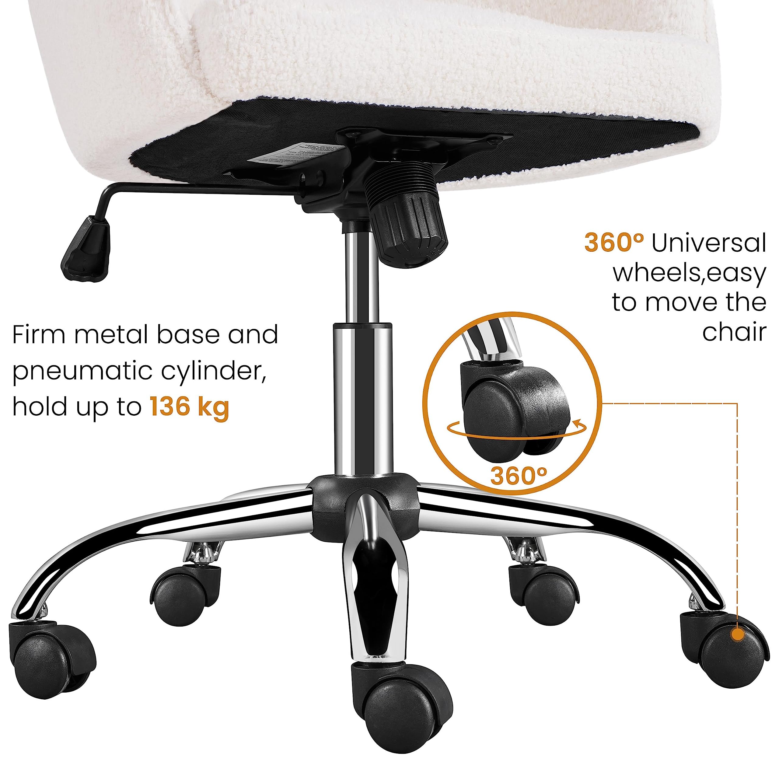 Yaheetech Sedia/Poltroncina Ufficio Scrivania in Bouclé | Girevole a 360°, Reclinabile 20° per Relax, Altezza Regolabile, Portata 136 kg, Avorio