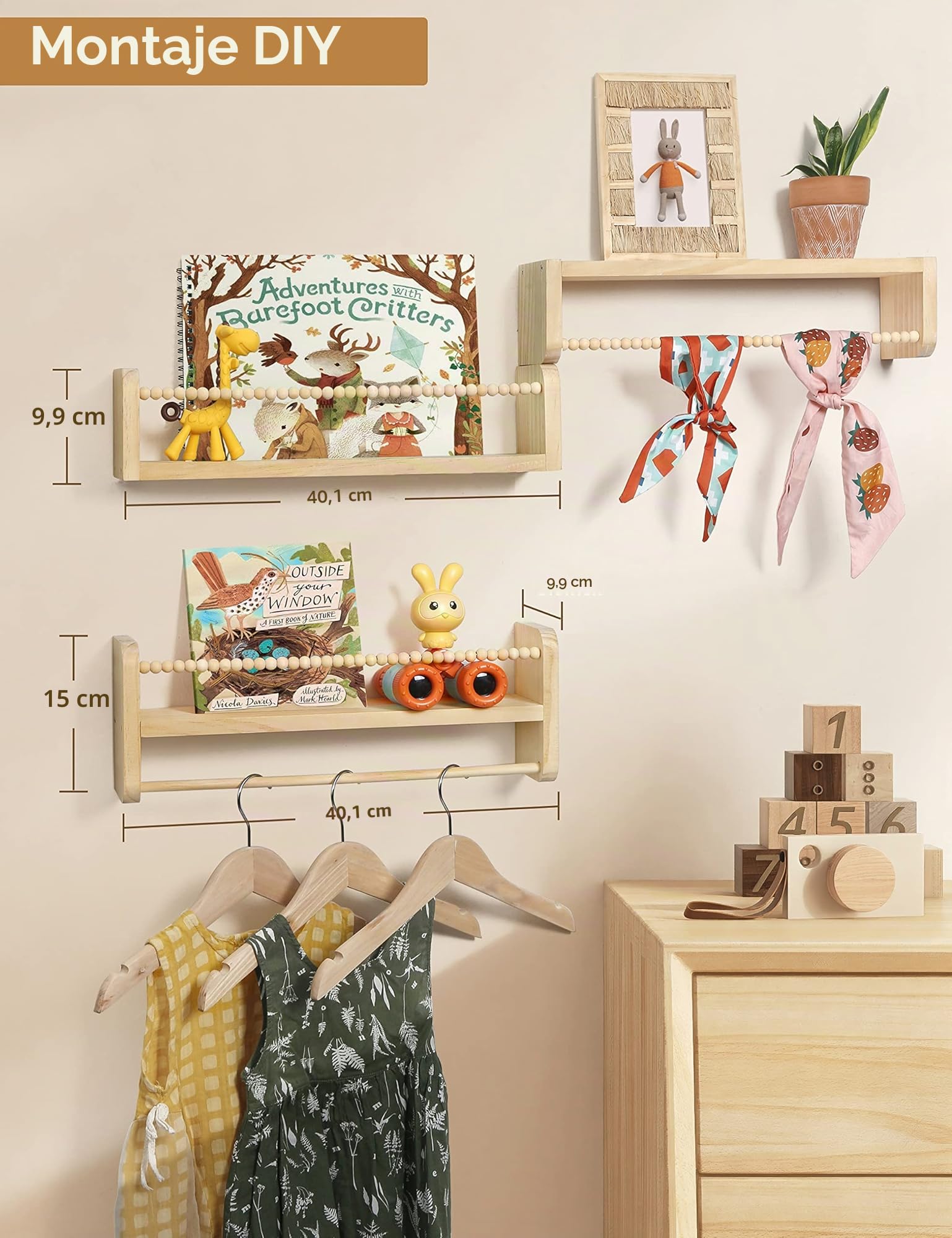Estantería Infantil, Libreria Infantil Madera con Barra de Perlas | 40cm Estanteria Libros Infantil Juego de 3, Biblioteca, Almacenaje, Decoración, Juguetes para Cuarto Infantil