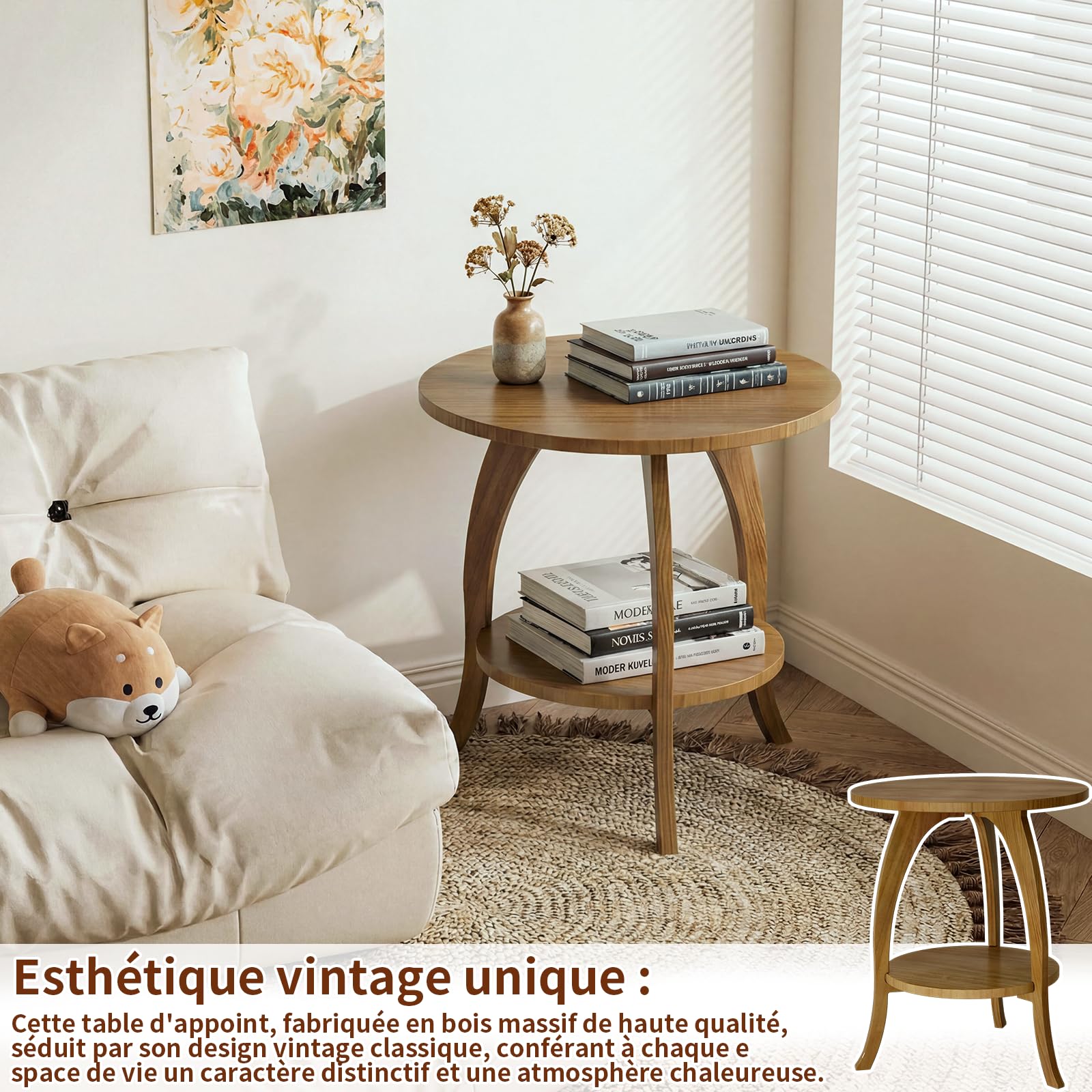 Table d'appoint ronde style rétro du milieu du siècle moderne en bois massif avec plateau de rangement, petite table d'appoint pour salon ou table de chevet, marron