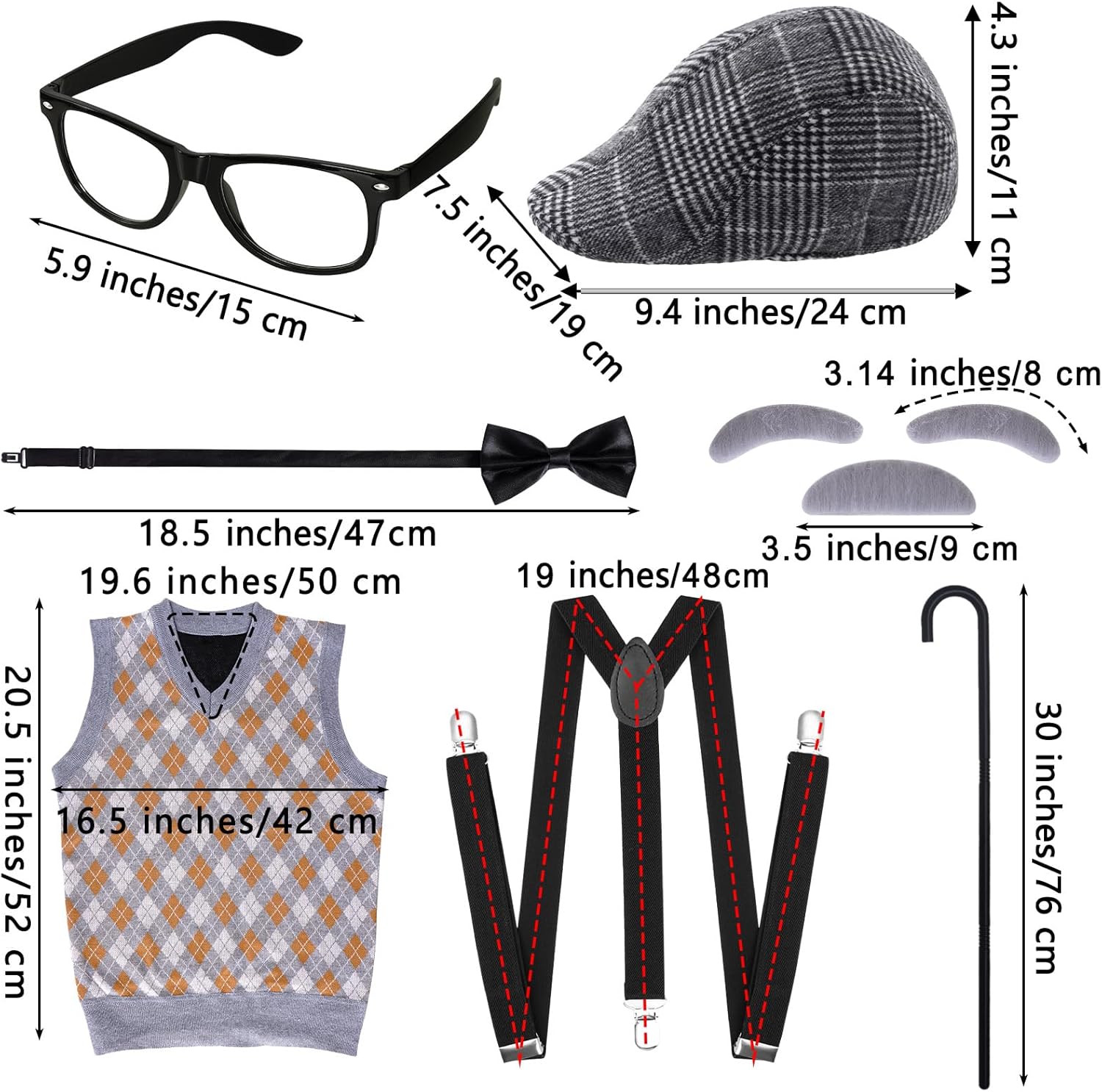 7Pcs 100 Days of School Men Costume, 100 Days of School Man Costume for Halloween Grandpa Costume 1920s Old Man Outfit - Image 2