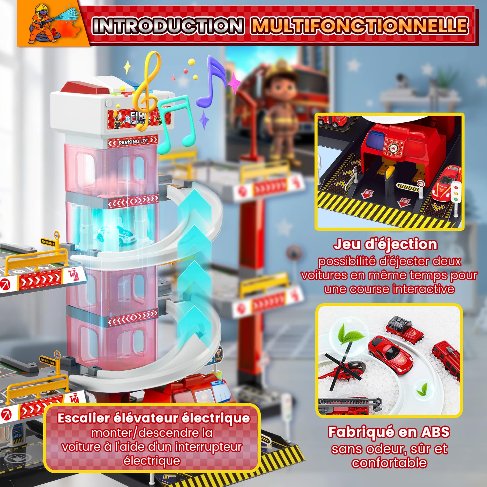 BuzzoXerex 5 Etages Garage pour Enfants, Piste de Course avec 14 Voitures et 2 Hélicoptère, Jouet Garage Voiture avec Ascenseur Electrique Circuit, Cadeaux pour Enfants 5 6 7 8 9 Ans (Rouge)