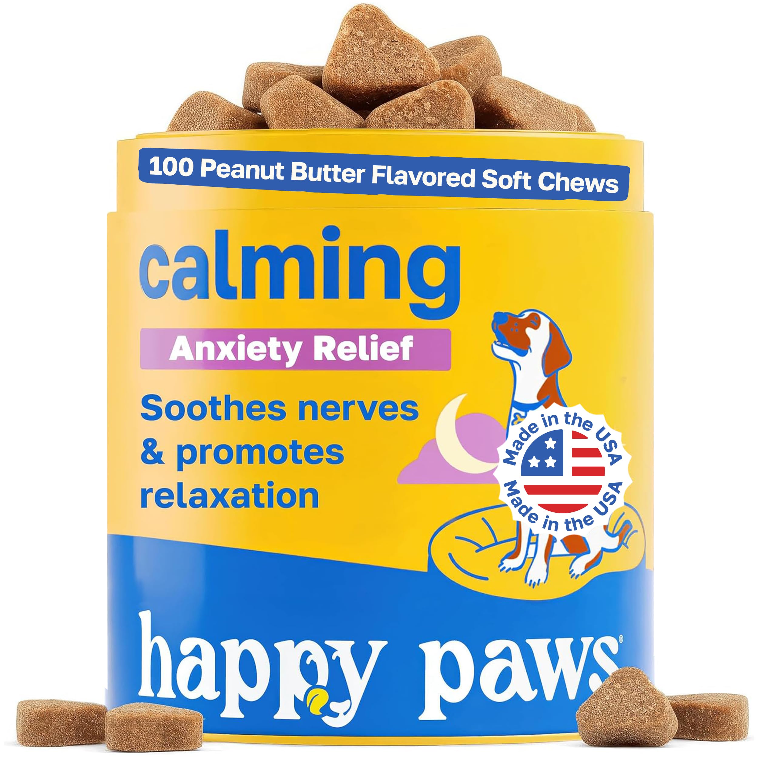 Happy Paws Calming Chews for Dogs, Relaxation & Anxiety Support for All Breeds & Ages, Dog Sleep Aid with L Theanine & Chamomile, Vegan Peanut Butter